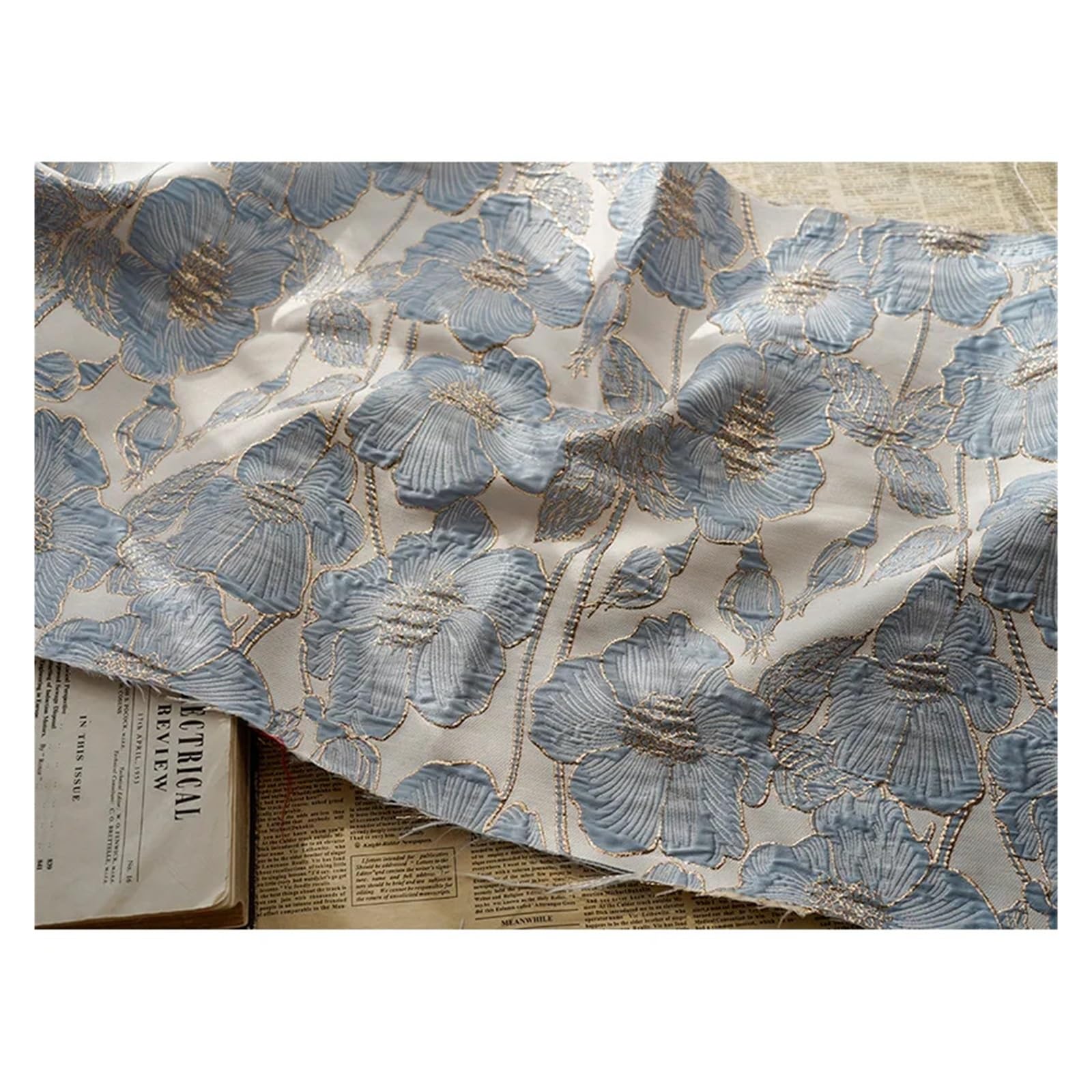 Tejido de satén sedoso líquido, Vestido rígido de flores seda dorada en relieve, satén Jacquard teñido con hilo multicolor, 45cm x 145cm(Blue Grey)