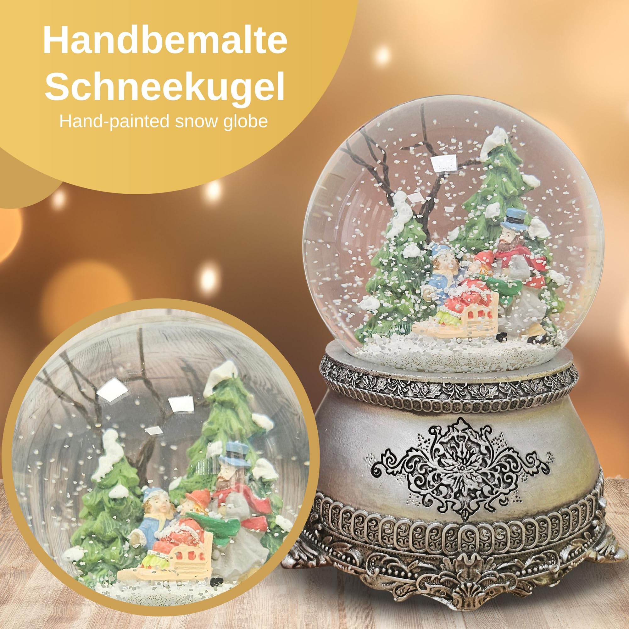 Weihnachts-Schneekugel mit Musik | Schneekugel Winterspaziergang mit Familie | Sockel Zinnoptik Ornamente | 100mm breit, 140mm hoch | mechanische Spieluhr | Weihnachtsdekoration | 20316