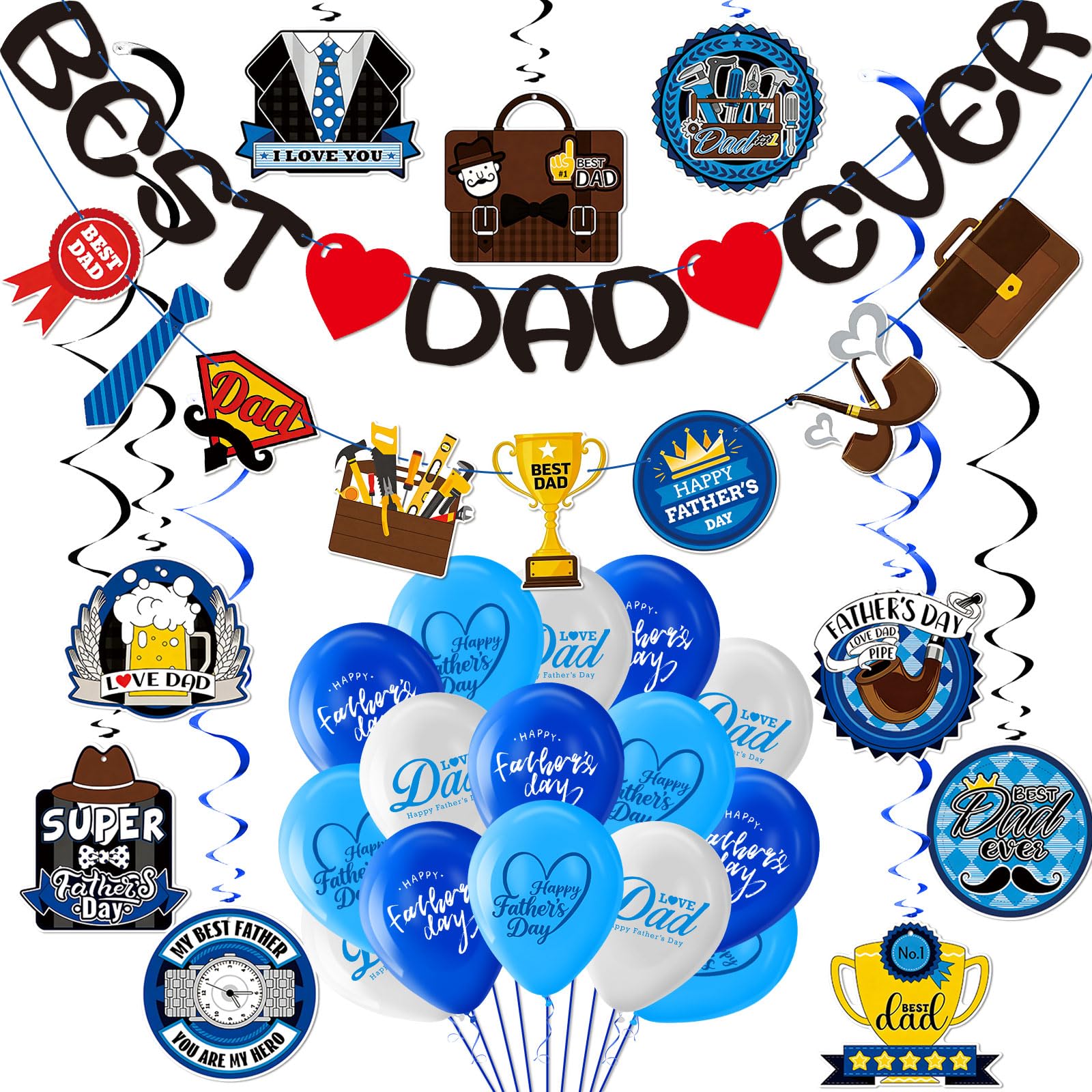 Happy Fathers Day Decorations,Father's Day Banner Best Dad Hanging Swirls Porch Home Accessories Decorations for Indoor and Outdoor ,Latex Balloons Fathers Party Decoration Supplies