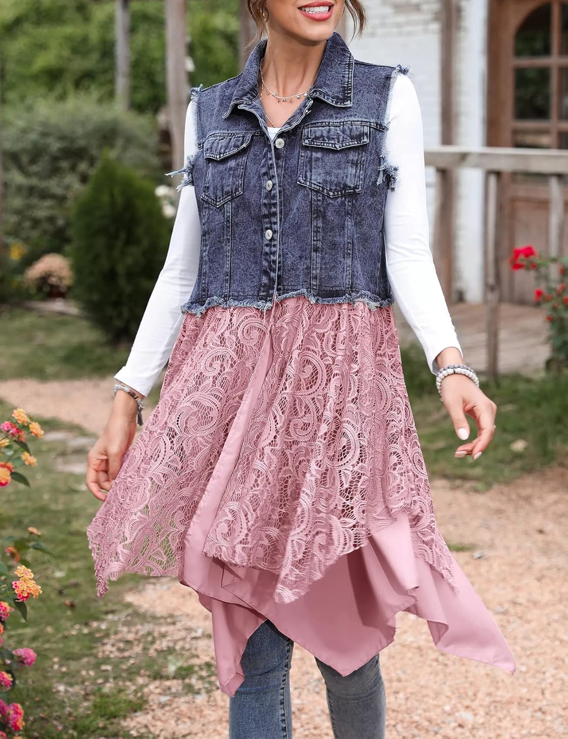Denim vest with lace bottom Clearance