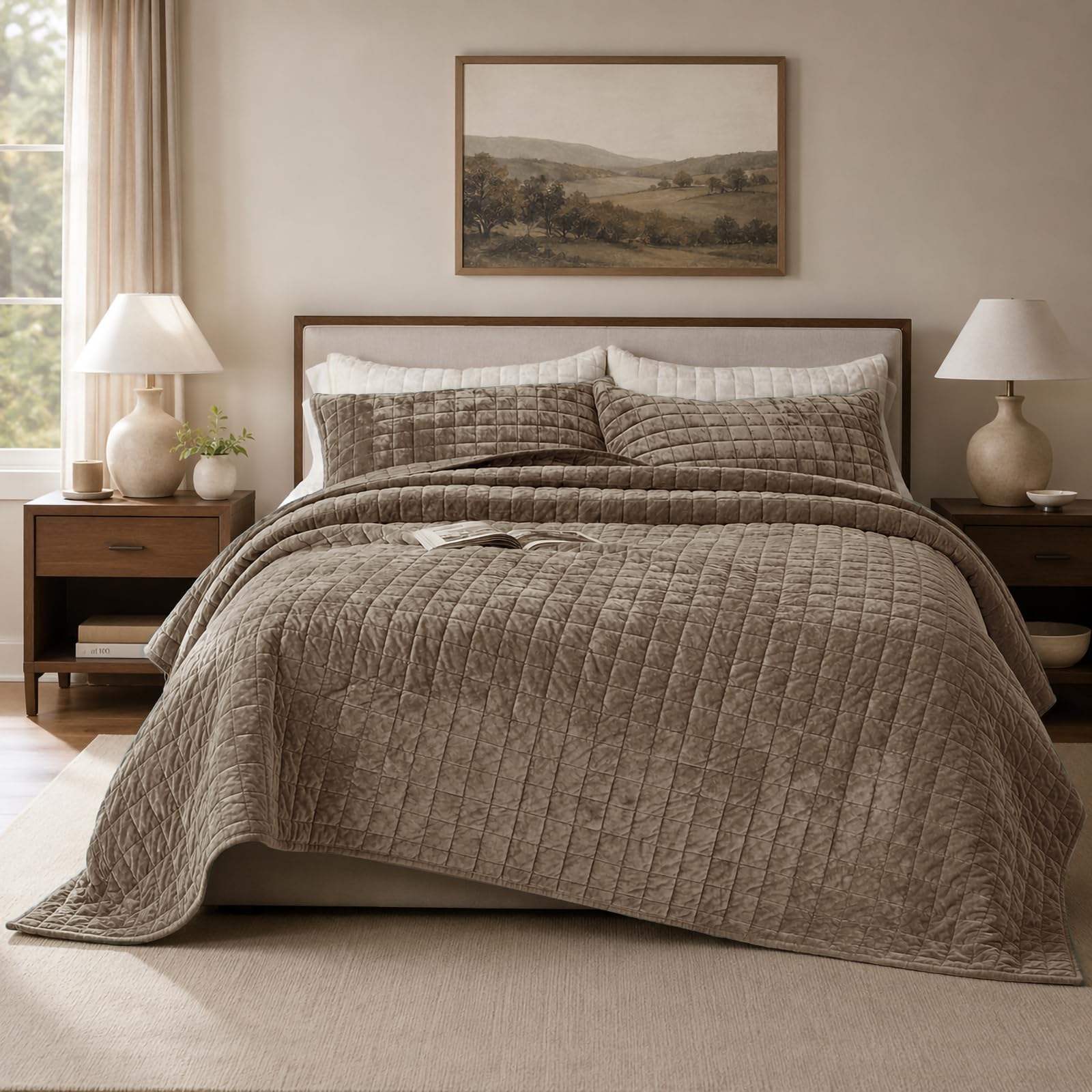 Luxurious Velvet King Quilt Set - Beige -21