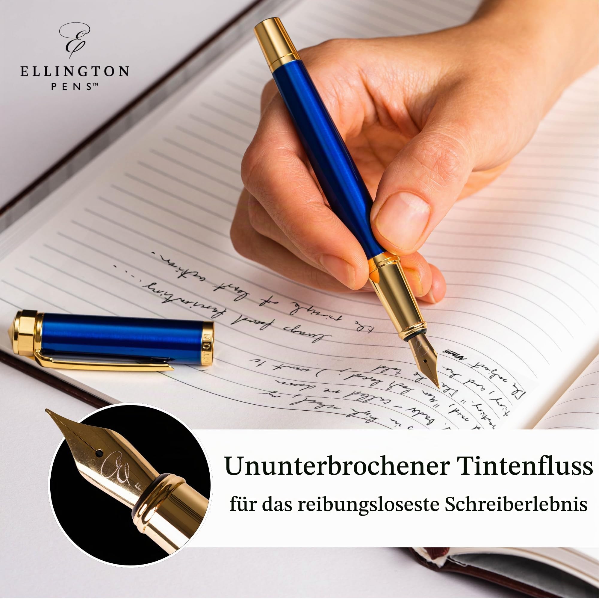 Ellington Pens Luxus Füllfederhalter Set - Füllfederhalter zum Schreiben - Glatte Feine Feder - Inklusive nachfüllbarem Tintenkonverter, 3 Tintenpatronen [Schwarz & Blau], Geschenkbox - Elegante