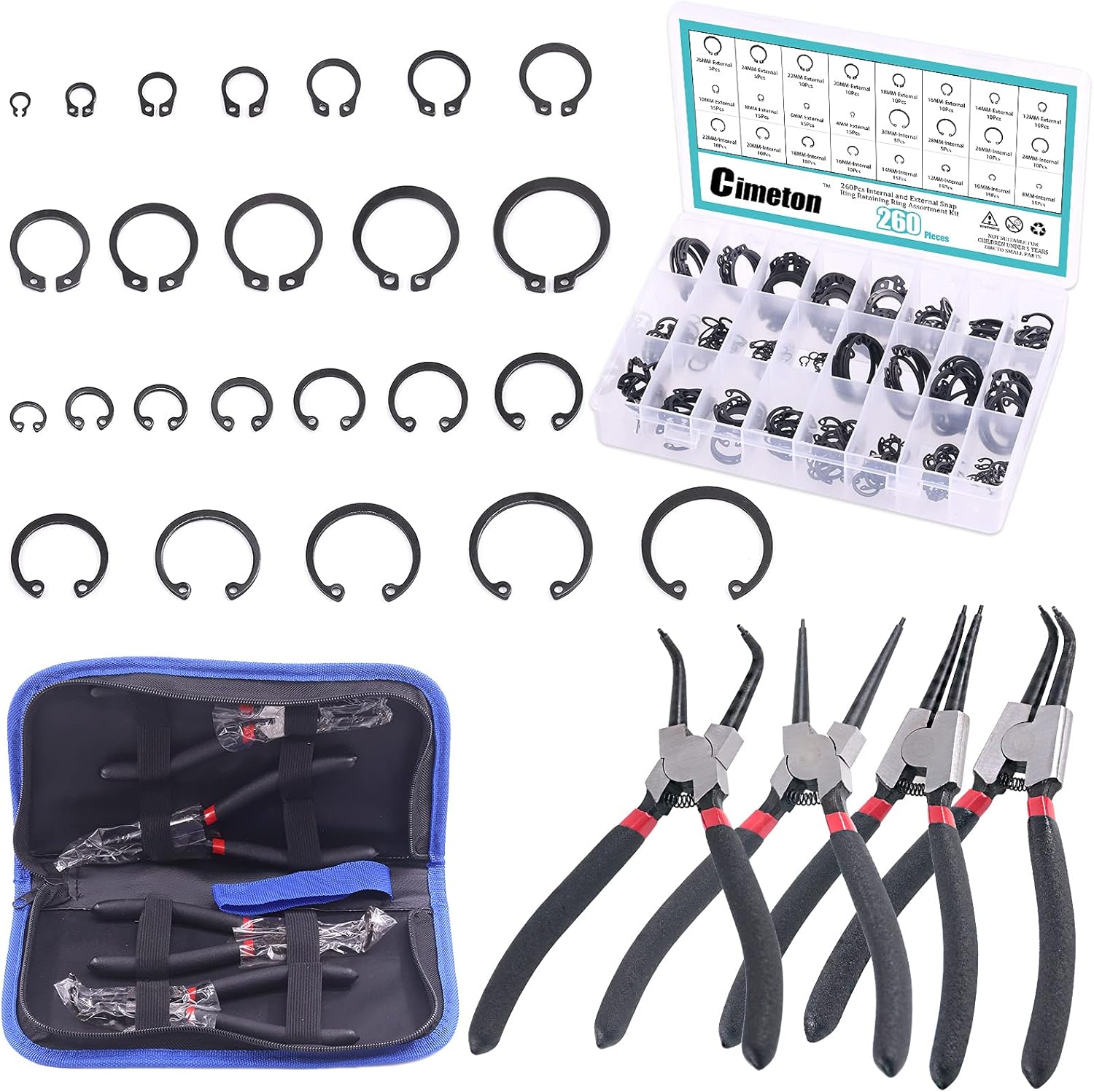 Cimeton 264Pcs 7Inch Snap Ring Pliers and Retaining Rings Assortment