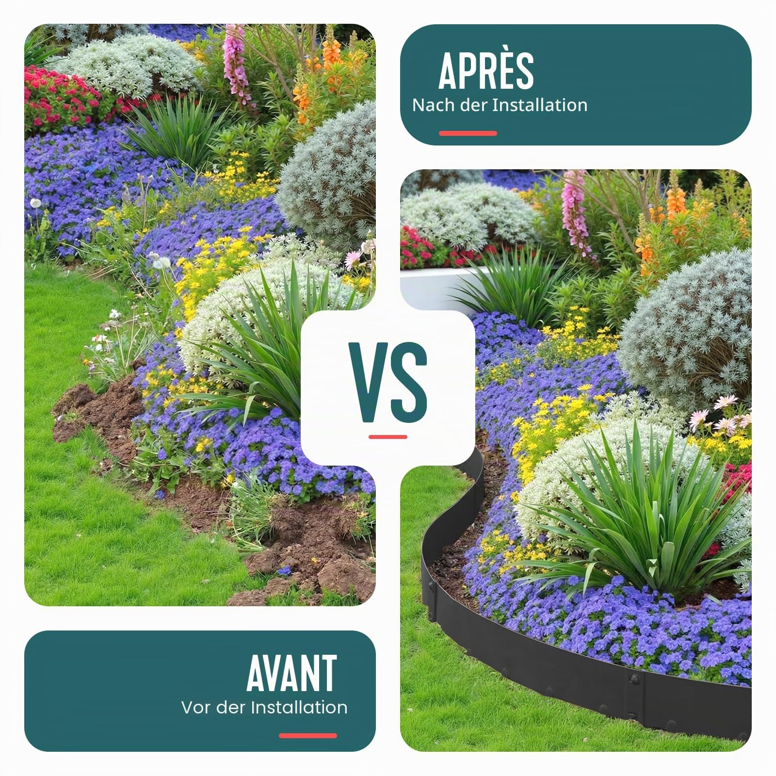 VOUNOT® Rasenkante verzinkt Metall 5m, Robuste Beeteinfassung Beetumrandung Mähkante 106×18 cm, 1,5 mm dick, Steckzaun für Blumenbeete & Garten, 5 Stück, Schwarz