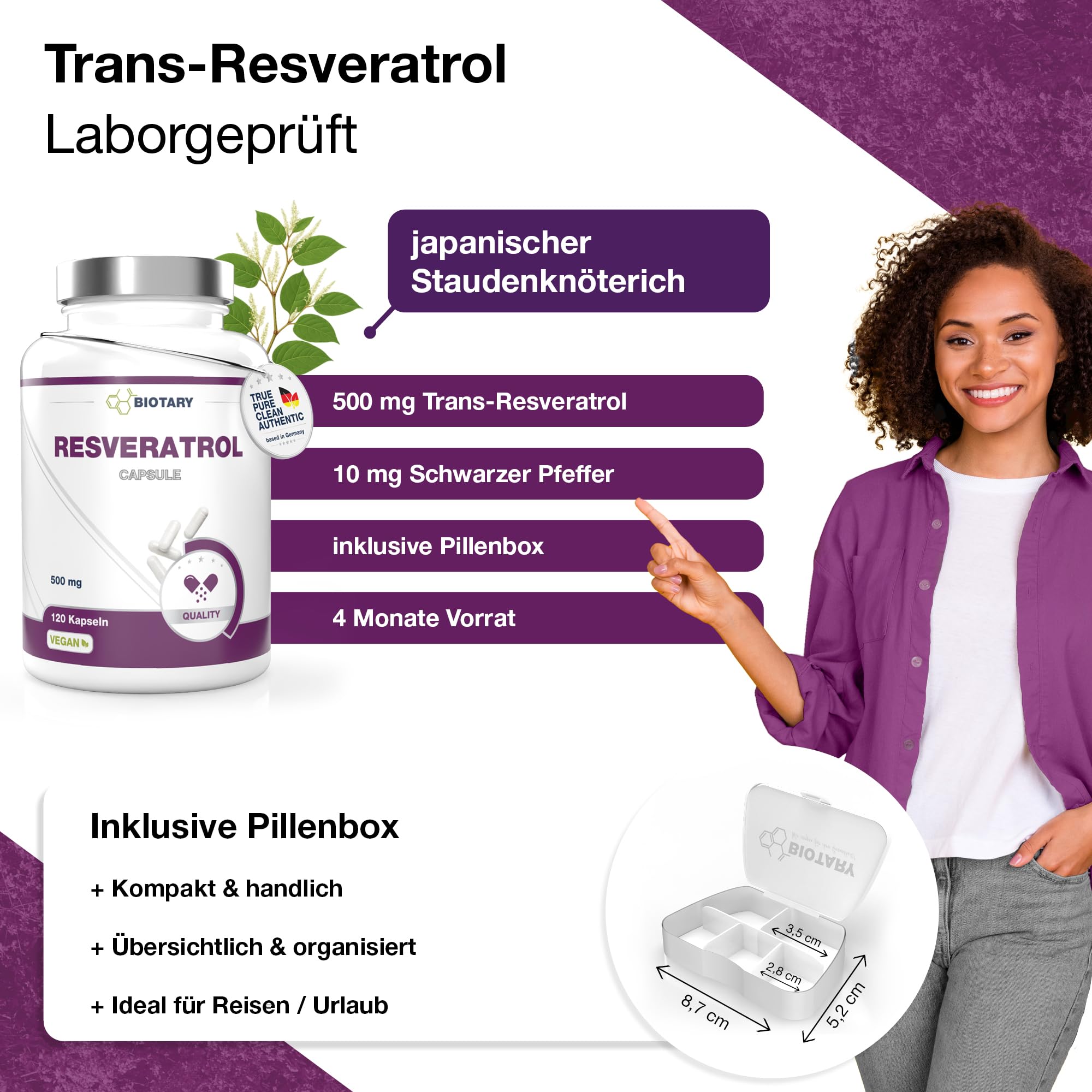 Resveratrol 120 Kapseln 500 mg pro Kapsel aus 98% Trans Resveratrol japanischem Staudenknöterich Wurzelextrakt inklusive Pillenbox 4 Monate Vorrat 100% vegan reine Rezeptur geprüfte Qualität
