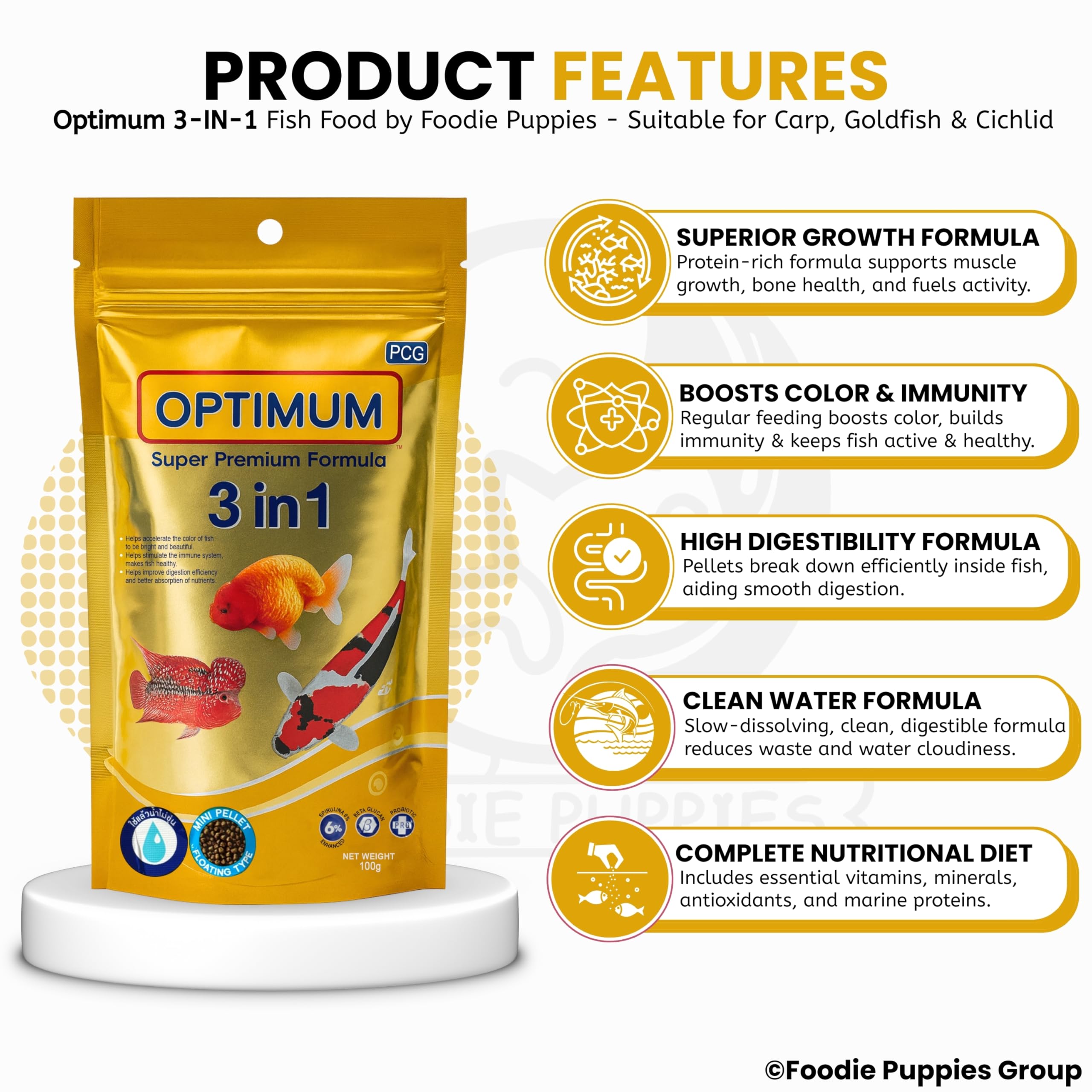 Foodie Puppies Optimum 3-in-1 6% Spirulina Fish Food - 100gm, Pack of 12 | Premium Formula Fish Food for Carp, Goldfish, and Cichlid Spirulina Floating Type Mini Pellet with Free Key Ring 1