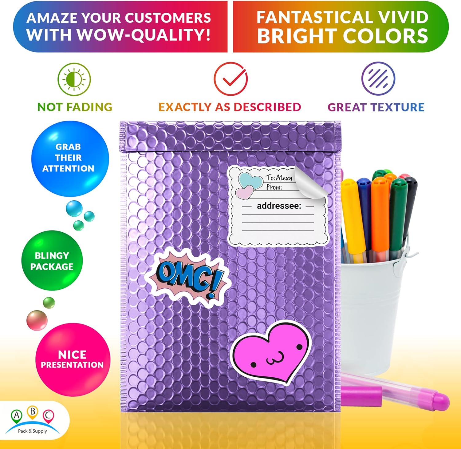 ABC Purple Bubble Mailers, 6 x 9 Inches - 25 Pack Bubble Envelopes with Metallic Foil, Waterproof for Jewelry Packaging