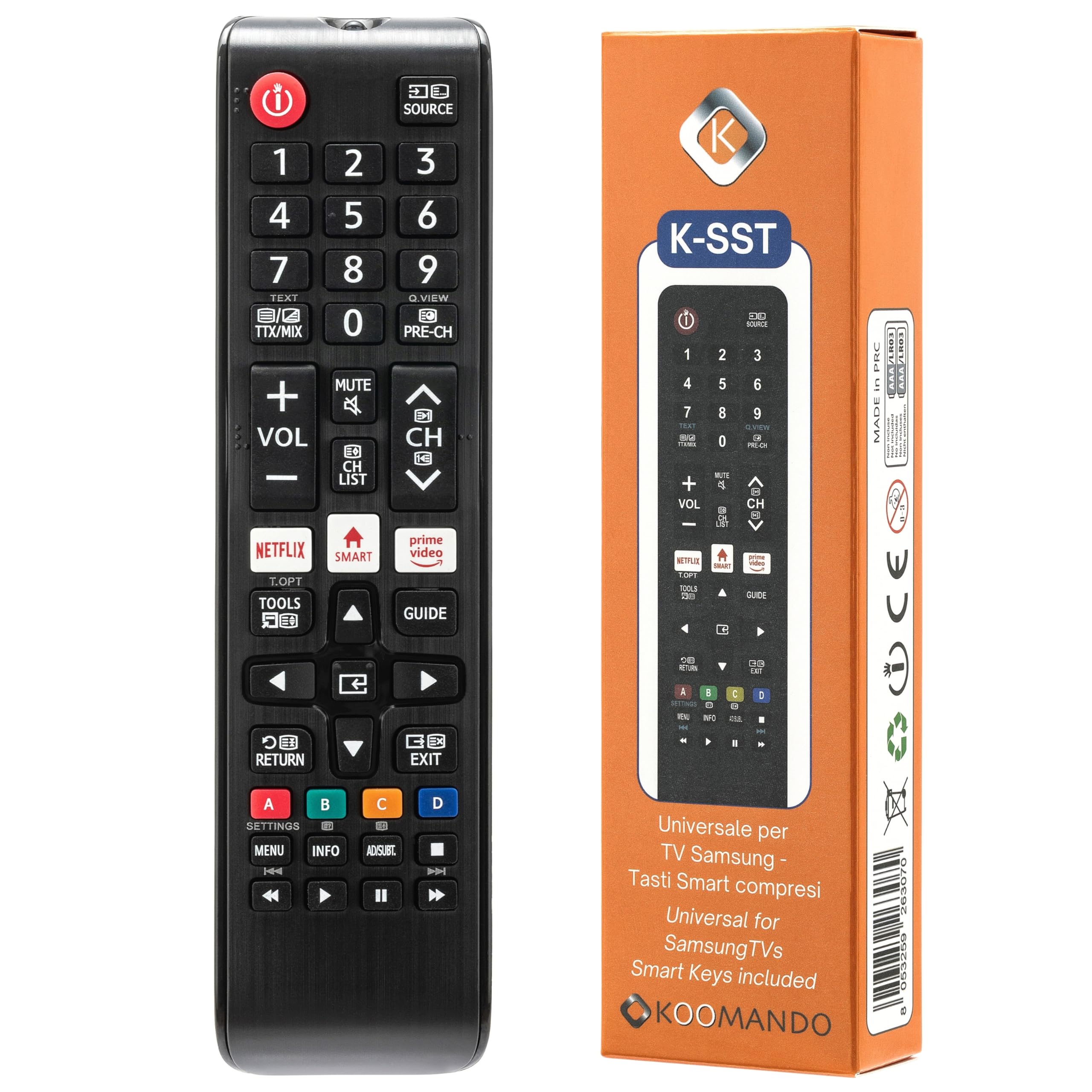 Koomando Telecomando Universale per Samsung TV LCD LED QLED UHD 4K 8K Curved HDR, Serie AA59 BN59, Pronto all'Uso senza Programmazione, Tasti Rapidi Netflix Prime Video, Compatibile Smart TV