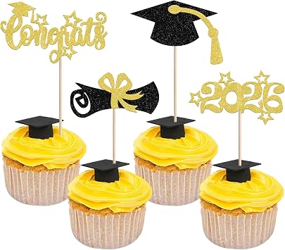 Rsstarxi 36 Pack Graduation Cupcake Toppers 2026 Glitter Congrats Grad Cap Diploma Cupcake Picks Decorations for Class of 2026 Graduation Party Cake Decorations Gold