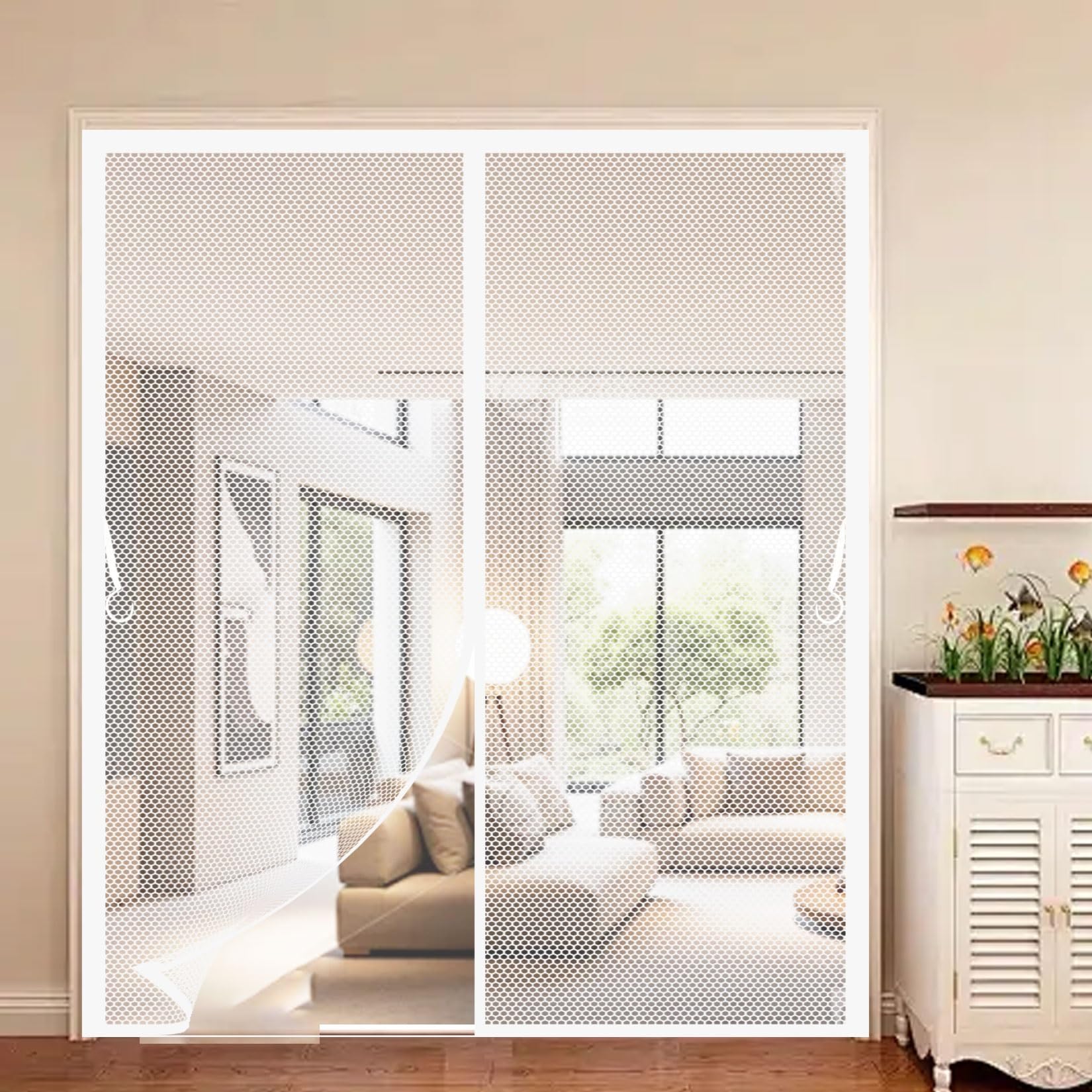 Magnetic Fly Screen Door 169 x 178 cm Frame Hook & Loop, Powerful Magnets Door Screen, Nets Patio Curtain Without Drilling, Heavy Duty for Patio Doors Bedroom, White