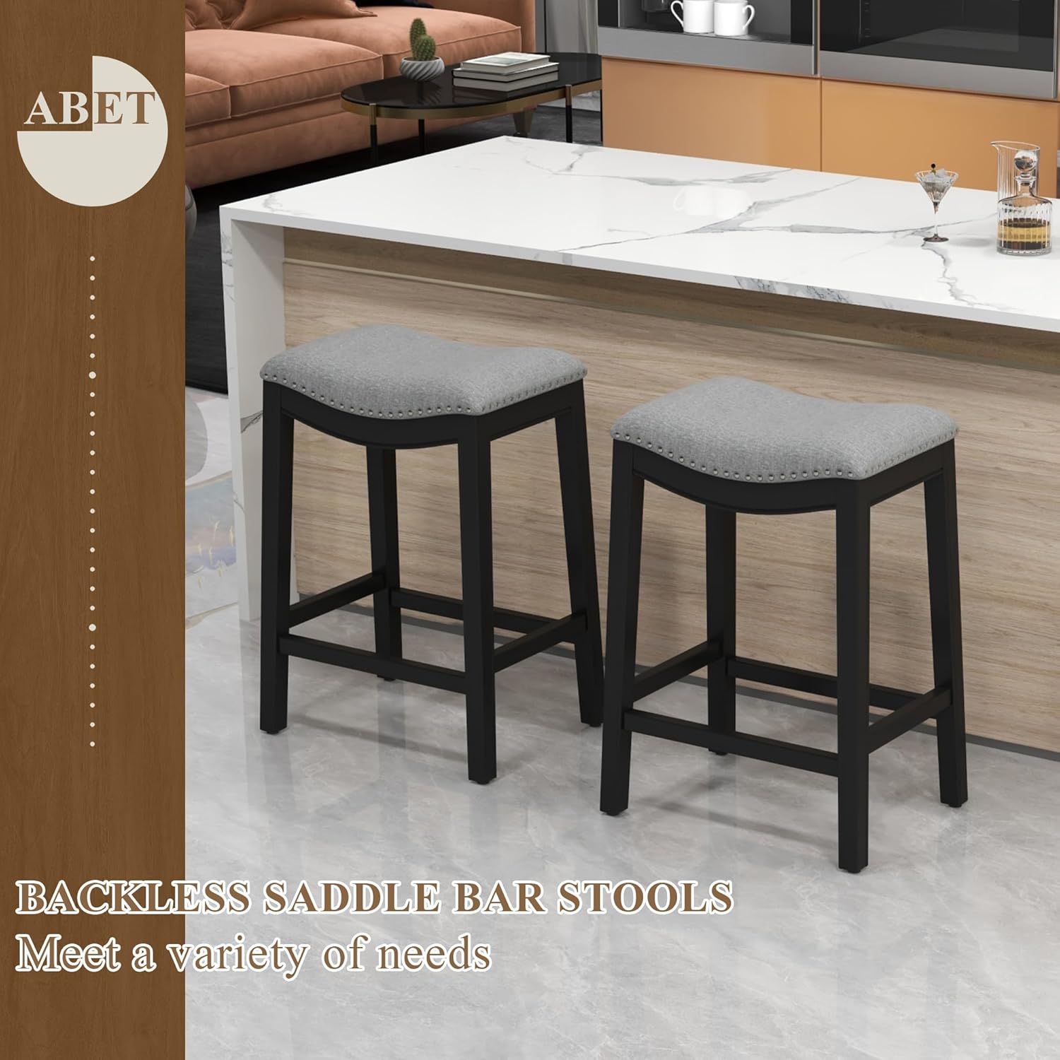 ABET Bar Stools Counter Height Chair Set of 3, 27" Backless Farmhouse Barstools with Hand-Brushed Wood Finish Leg & Footrest, Nailhead Saddle Seat, Upholstered Linen Kitchen Island Chairs, Grey
