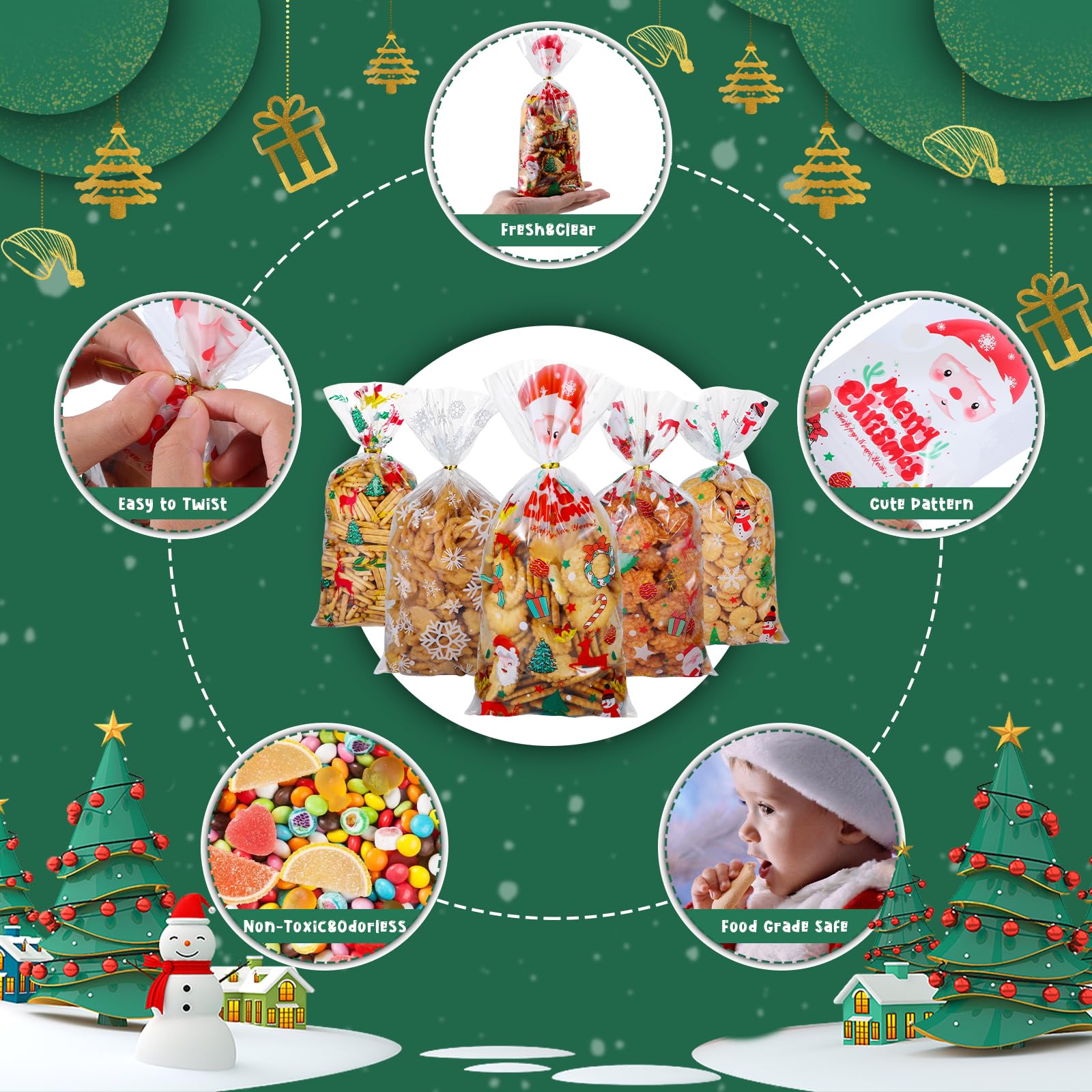125 Sacchetti Regalo Di Natale In Cella Trasparente Con 5 Motivi E Nastri – Confezione Per Biscotti, Caramelle E Bomboniere Fai Da Te