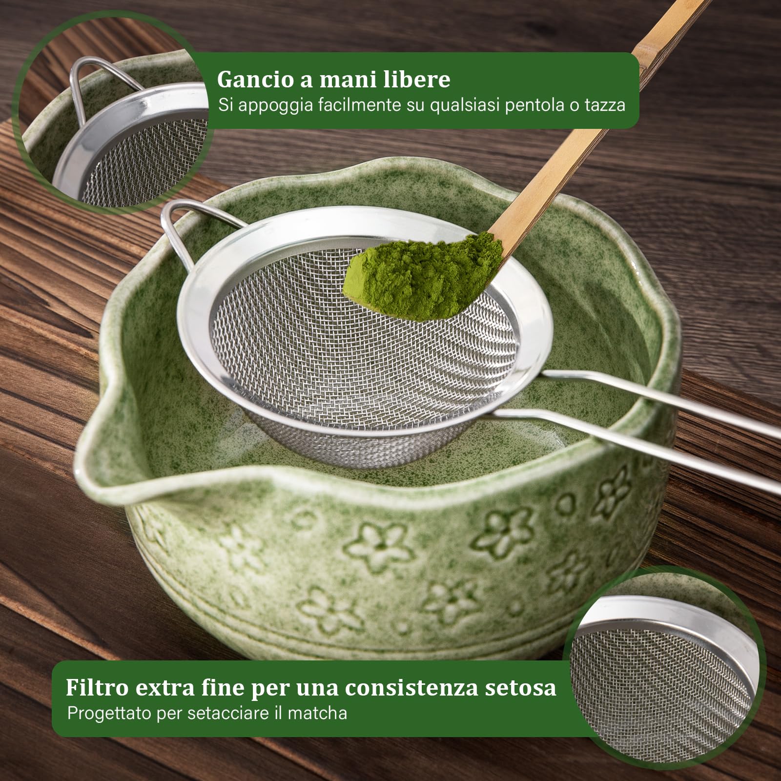 ALBISS Matcha Kit Set da 7 Pezzi in Ceramica Cerimoniale – Ciotola da 530 ml con Beccuccio e Design Sakura, Frusta in Bambù con Supporto, Elegante Set da Tè Giapponese per Amanti del Matcha, Verde