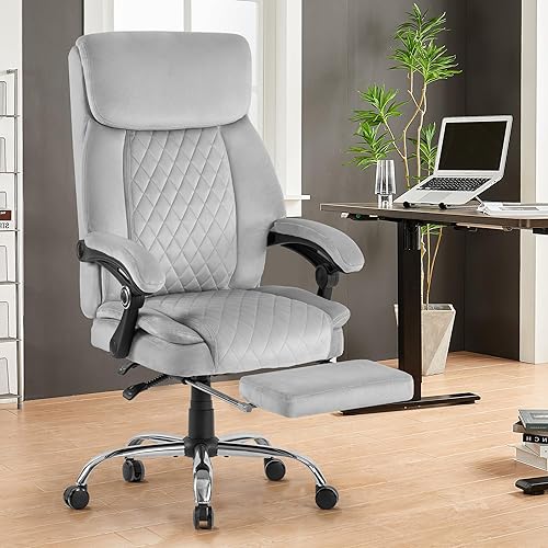 Miniatura 8 de Silla de oficina ergonómica de terciopelo con reposapiés, reclinable ejecutivo para computadora, giratoria, respaldo alto, soporte lumbar grande,