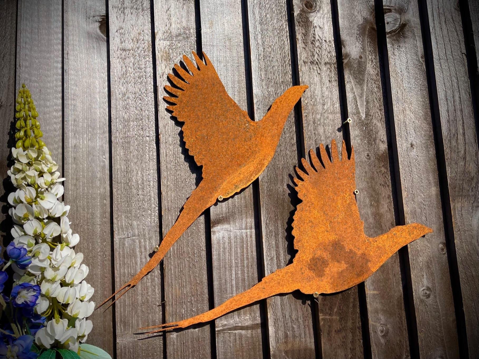 Pequeño par rústico exterior faisán pájaro jardín pared casa puerta valla cartel colgante metal arte escultura regalo regalo