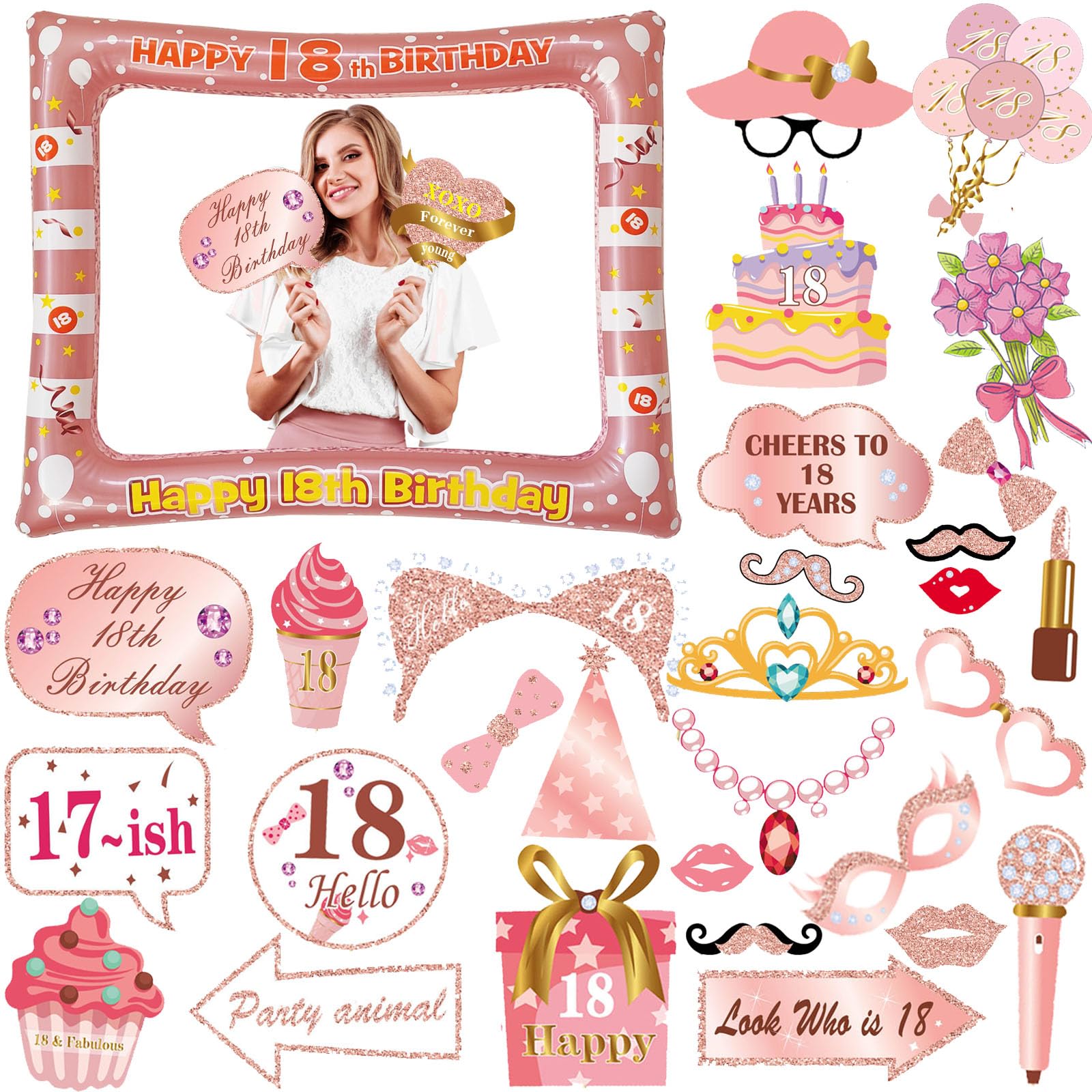 Kit Photo Booth 30 Anni Compleanno - 17 Pezzi Con Cornice Gonfiabile Oro Rosa, Accessori Festa - Foto 7