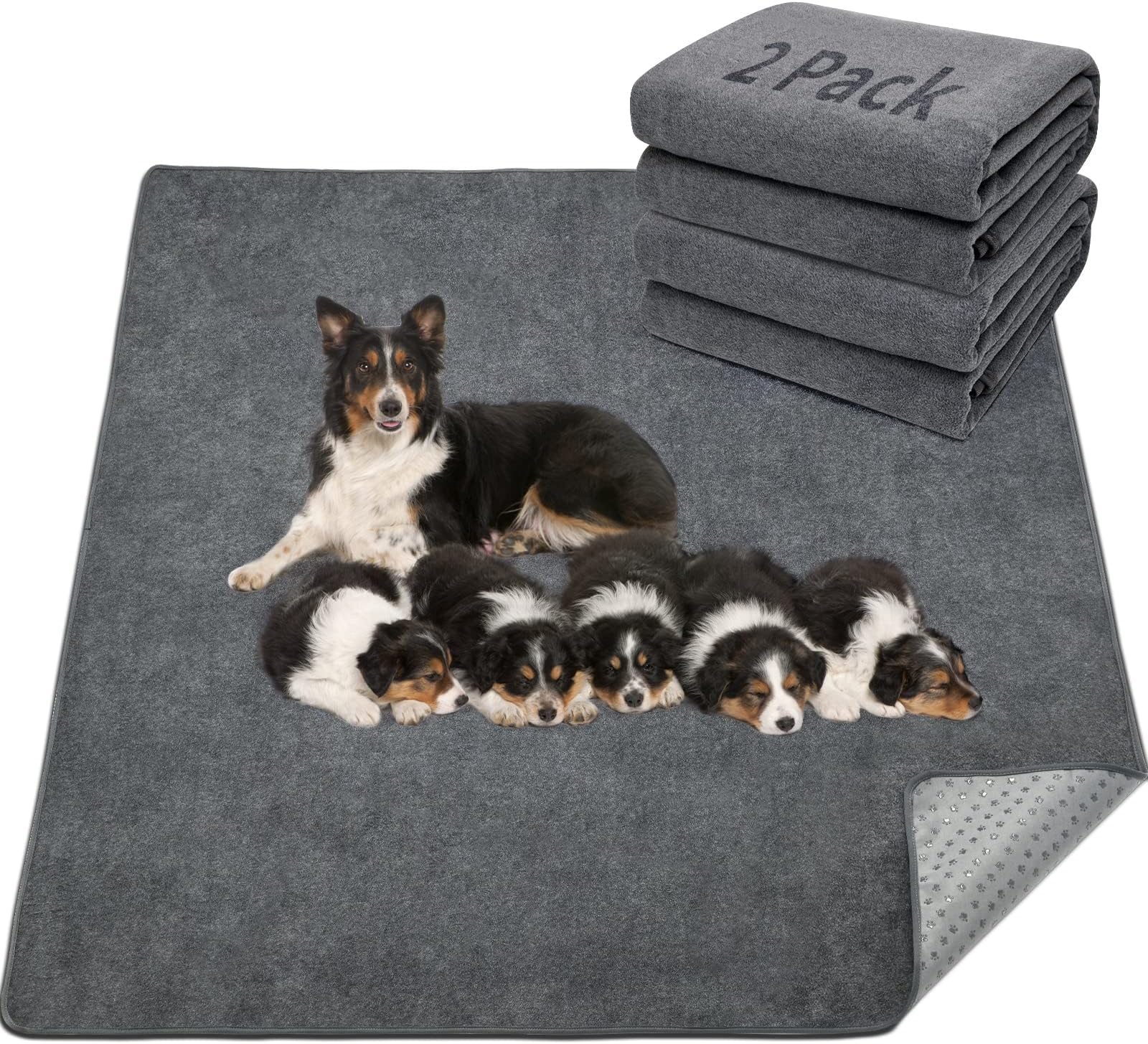 LOOBANI 2 Packs Extra Large Reusable Dog Mat for Floor, Non-Slip Washable Pee Pads for Dogs, Fast Absorbent Pet Whelping Pads, Puppy Playpen Mat for Incontinence, Housebreak, Crate (36"x48"-Gray)