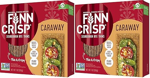 Miniatura 9 de Finn Crisp Finn Crisp - Pan crujiente de centeno con alcaravea de 7 onzas, paquete de 18 panes planos de centeno finos y crujientes, auténtica masa