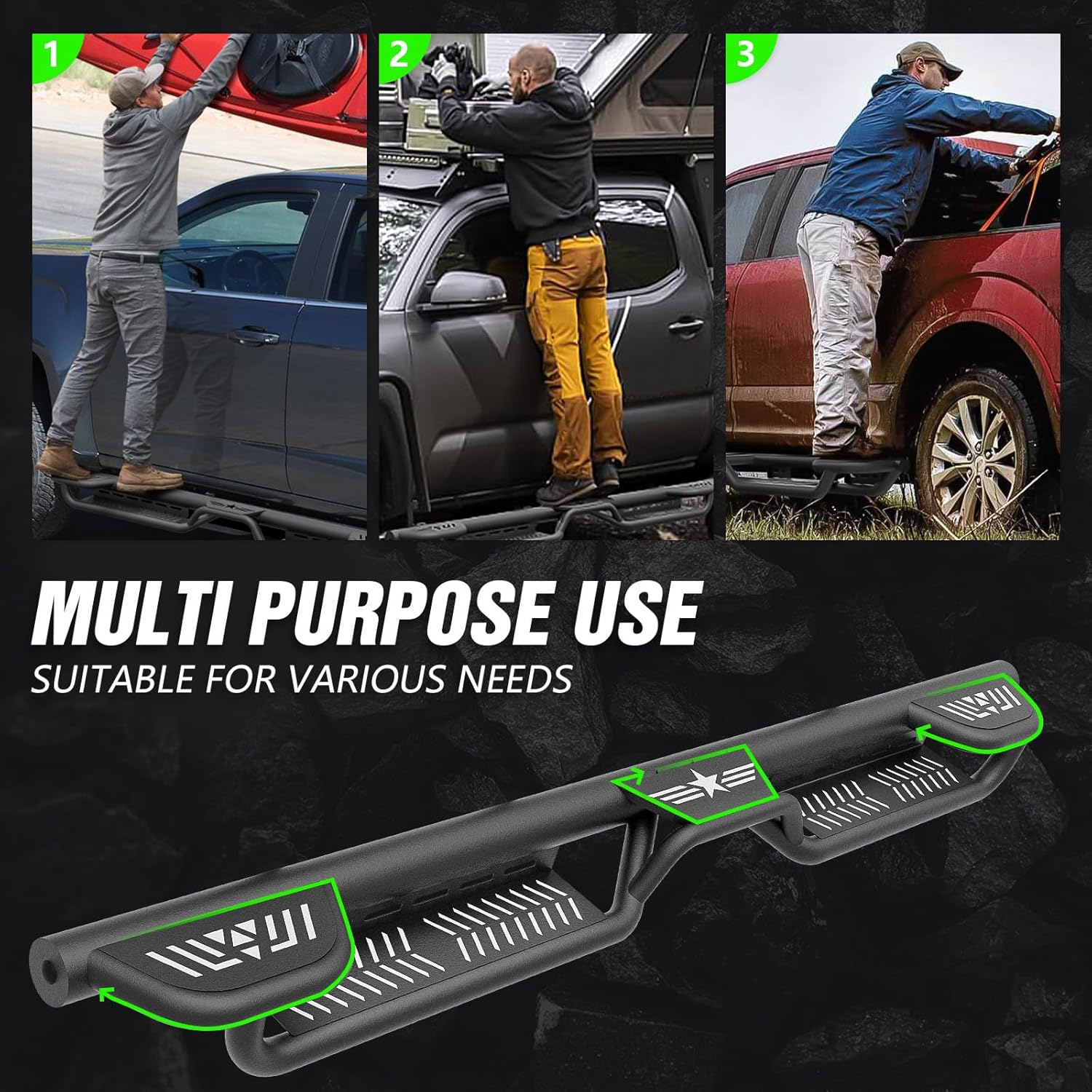 Three Raised Steps Running Boards Side Steps Compatible with 2024 2025 2026 Toyota Tacoma Double Cab & Crew Cab, Carbon Steel Bolt-on Nerf Bar Side Rails Rock Sliders (4 Full-Size Doors)