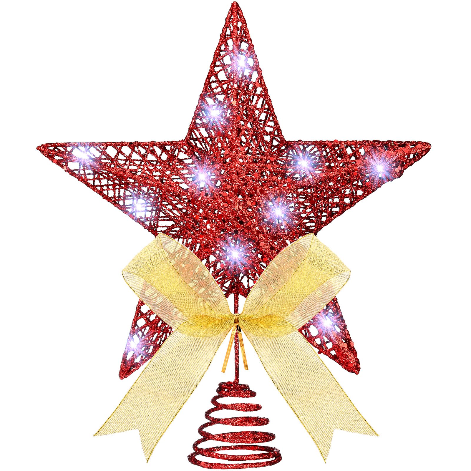 Sumind Puntale per albero di Natale glitterato con fiocco illuminato, 30 cm, decorazione per albero di Natale, con 30 luci a LED, per decorazione dell'albero di Natale (rosso)