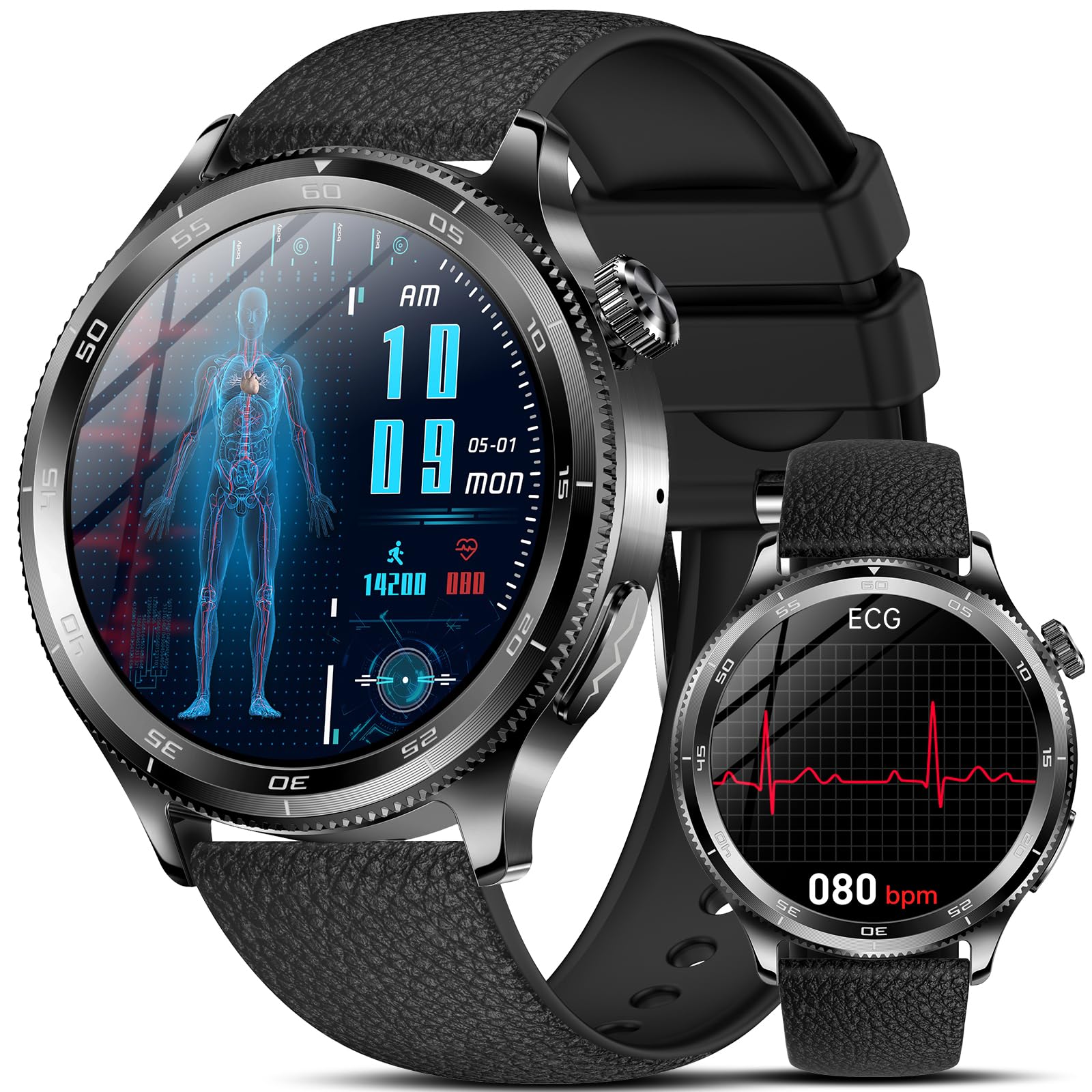 Marsyu 2026 - Smartwatch da uomo con ECG/HRV/IMC, schermo rotondo AMOLED da 1,43", con chiamate Bluetooth, cardiofrequenzimetro 24h, SpO2, SOS, IP68, 100+ modalità sportive, per Android/iOS