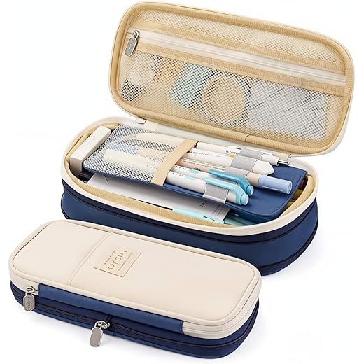 HASTHIP® Nylon Large Capacity Pencil Pouch, Durable Storage Multiple Compartment Double Zipper Portable Capacity Pencil Box for Kids College Student Teen, 22X11Cm (Navy Blue)