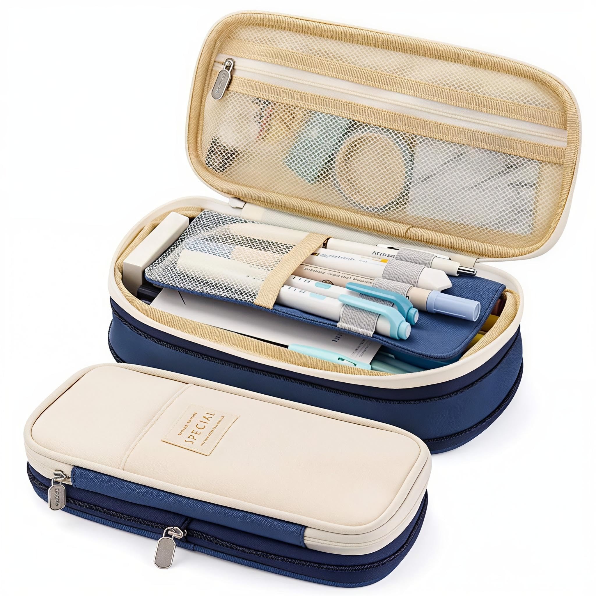 HASTHIP® Nylon Large Capacity Pencil Pouch, Durable Storage Multiple Compartment Double Zipper Portable Capacity Pencil Box for Kids College Student Teen, 22X11Cm (Navy Blue)