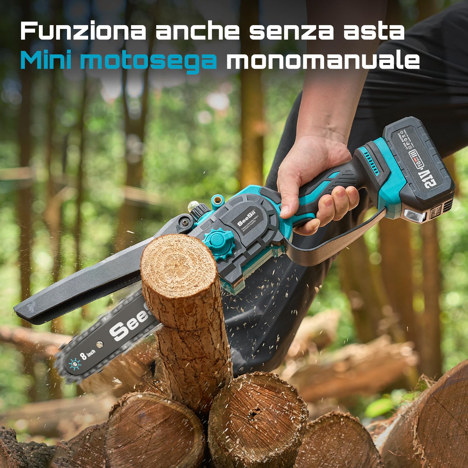 SEESII 2-in-1 Potatura Telescopica, 8 Pollici Mini Motosega Per Alberi | Motosega Telescopica a Batteria, Mini Sega Brushless con Asta Telescopica per Giardinaggio, Raggiunge Fino a 4,87m