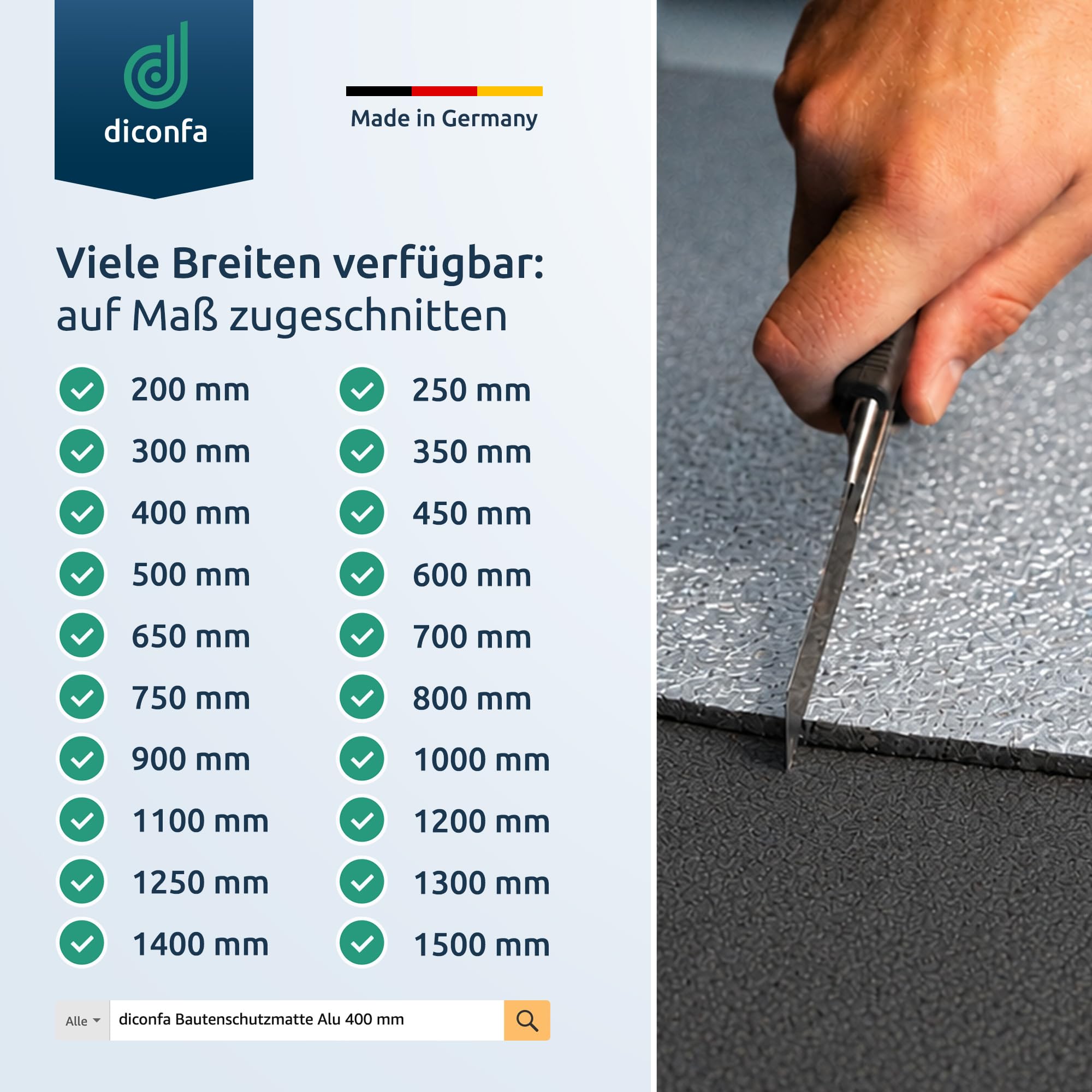 diconfa Bautenschutzmatte ALU KASCHIERT 1000mm 100cm 1m BREIT - Dicke: 3 bis 10mm LÄNGE: 0,05 bis 10m - 1,6m 160cm lang, 6mm stark - Gummimatte Aluminium beschichtet Gummigranulat Gummiregenerat