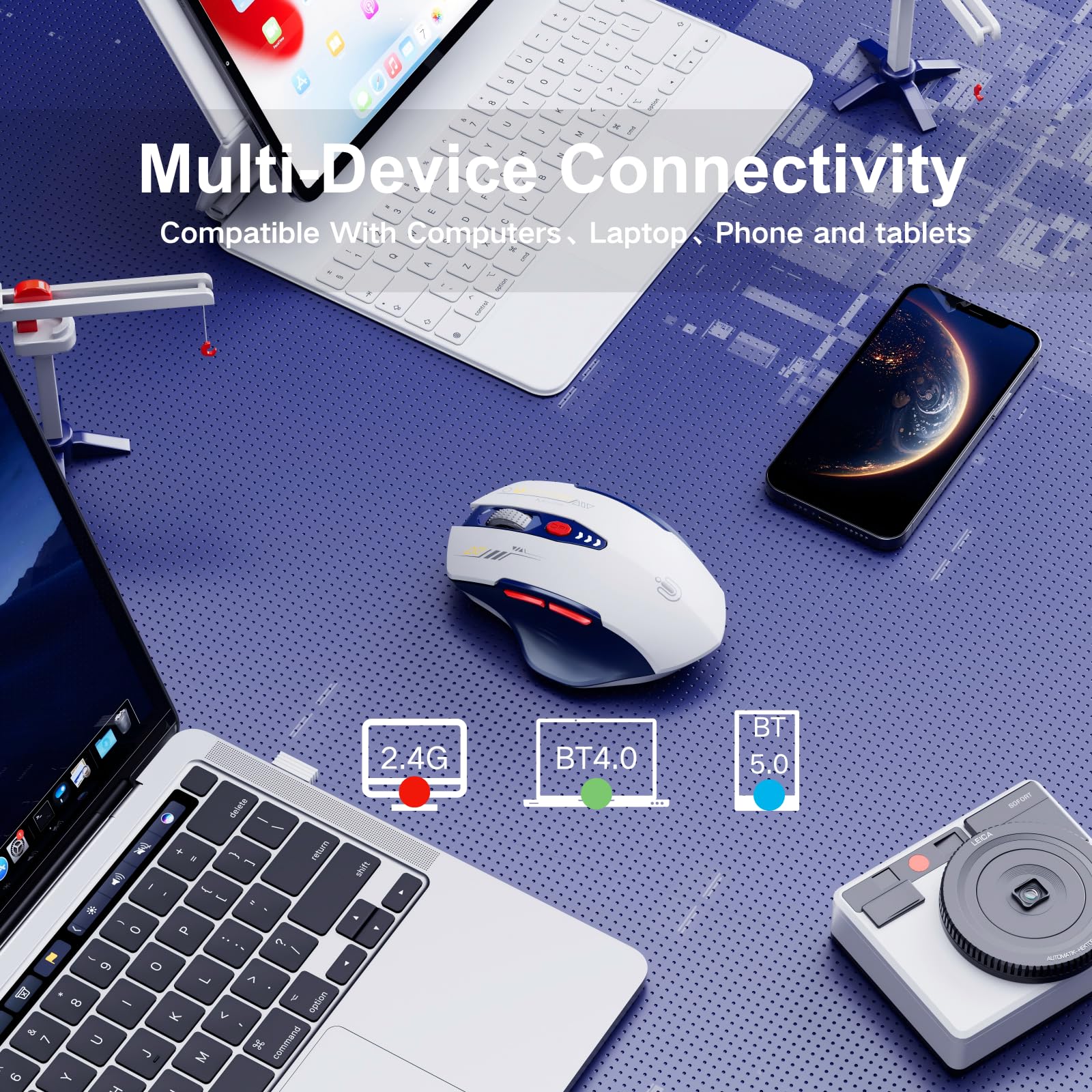 mouse wireless, [Aggiornato] mouse bluetooth ricaricabile Tri-mode (BT 5.0/4.0+2.4G Hz), Livello batteria visibile, Mouse ergonomico, 4 DPI regolabili, mouse senza fili