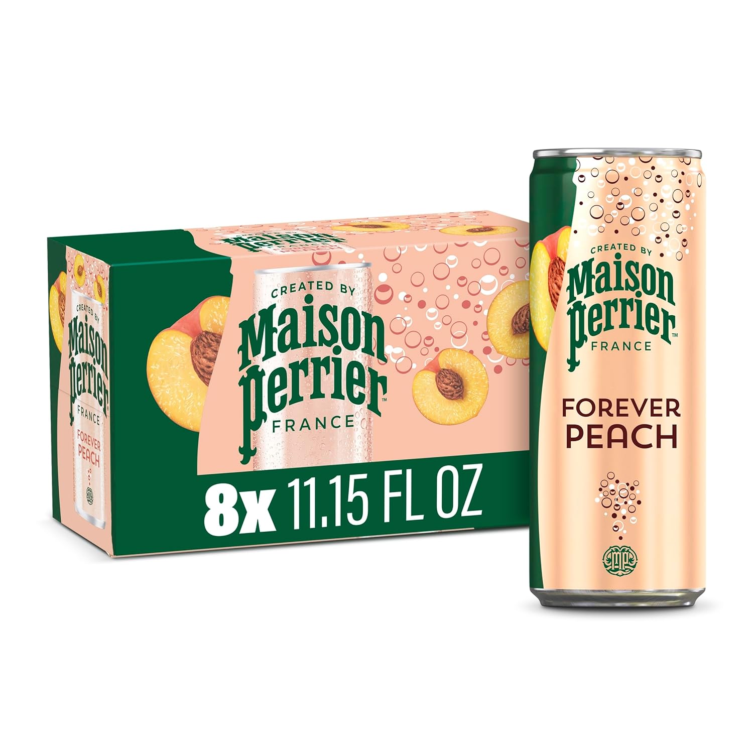 Maison Perrier Forever Peach Flavored Sparkling Water, 11.15 Fl Oz Cans, 8 Count 89.2 fl oz Peach 11.15 Fl Oz (Pack of 8)
