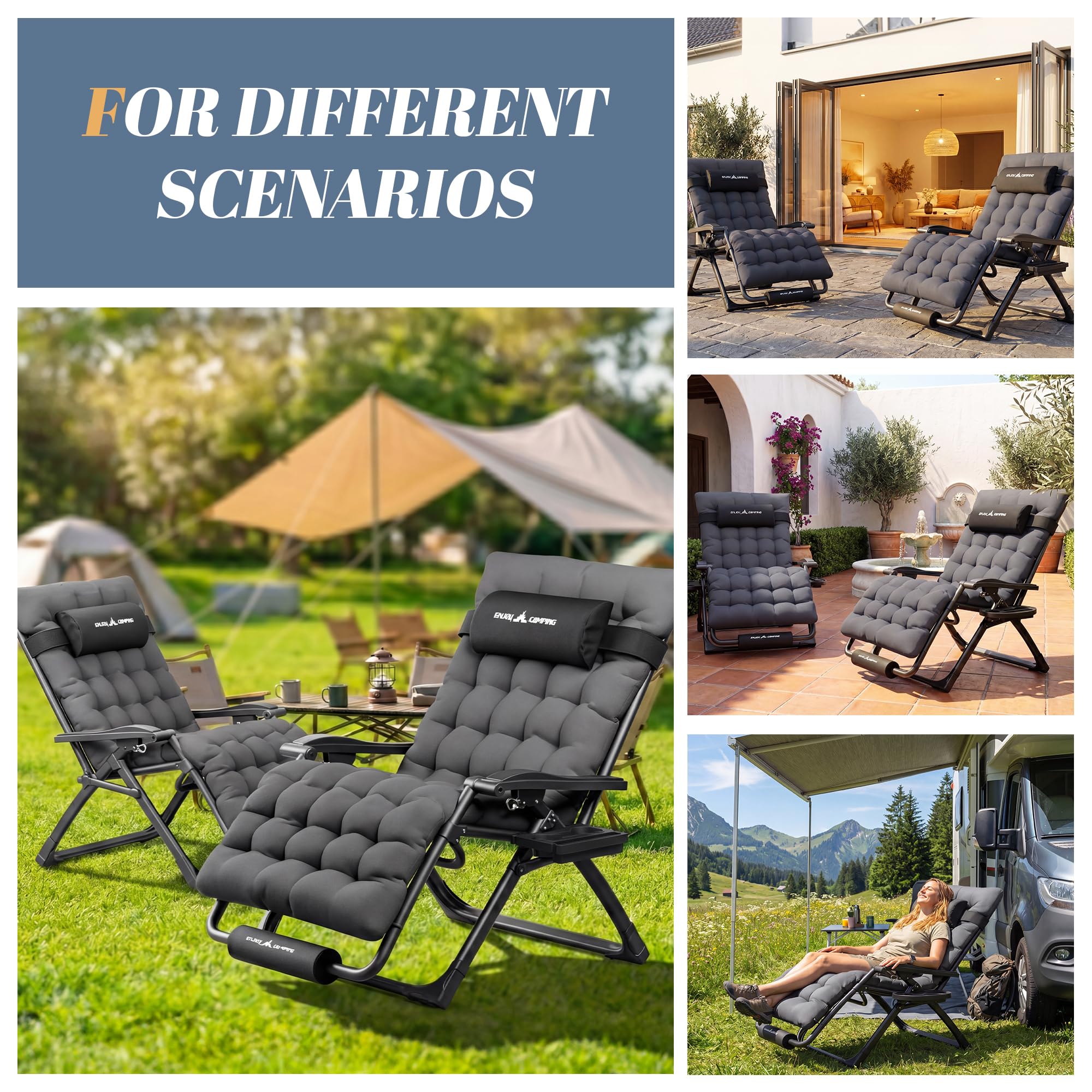 UDPATIO Transat Jardin Extérieur zéro gravité avec Coussin Épais 9 cm, Appui-tête Réglable, Accoudoirs et Porte-gobelet, Bain de Soleil Pliable et Inclinable, 220 kg Capacité, XXL Gris Foncé