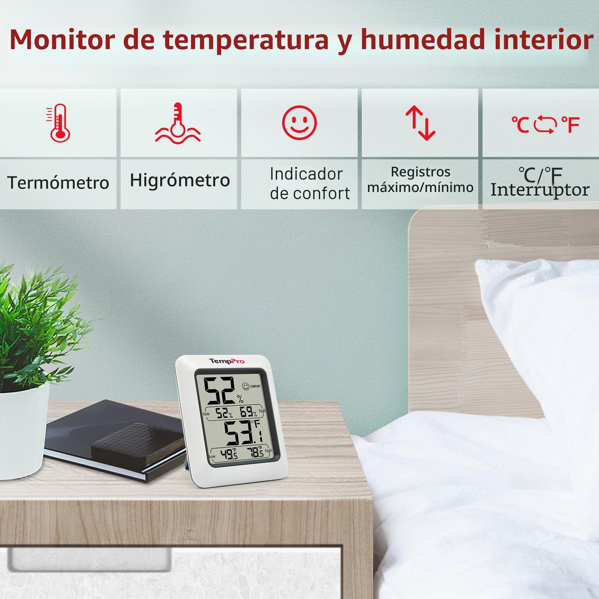 TempPro TP50 Termómetro Higrometro Digital para Interior Termohigrómetro Medidor Profesional para Medición de Temperatura y Humedad del Casa Ambiente