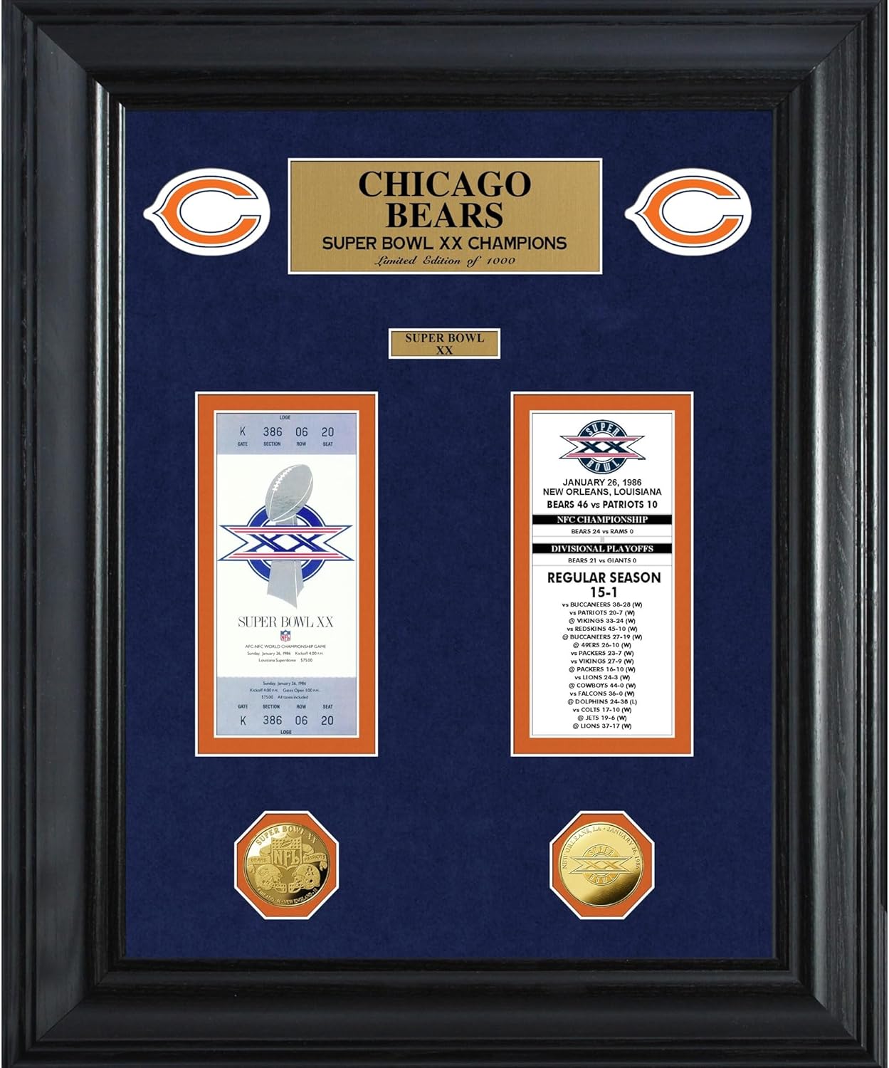 Highland Mint NFL Super Bowl Ticket and Game Coin Collection Framed