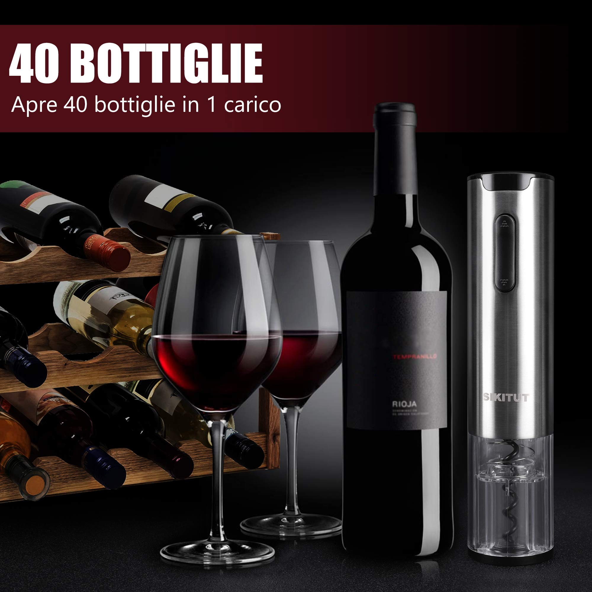 Cavatappi Elettrico Professionale Acciaio Inossidabile con Indicatore LED Batteria e Base Ricarica USB
