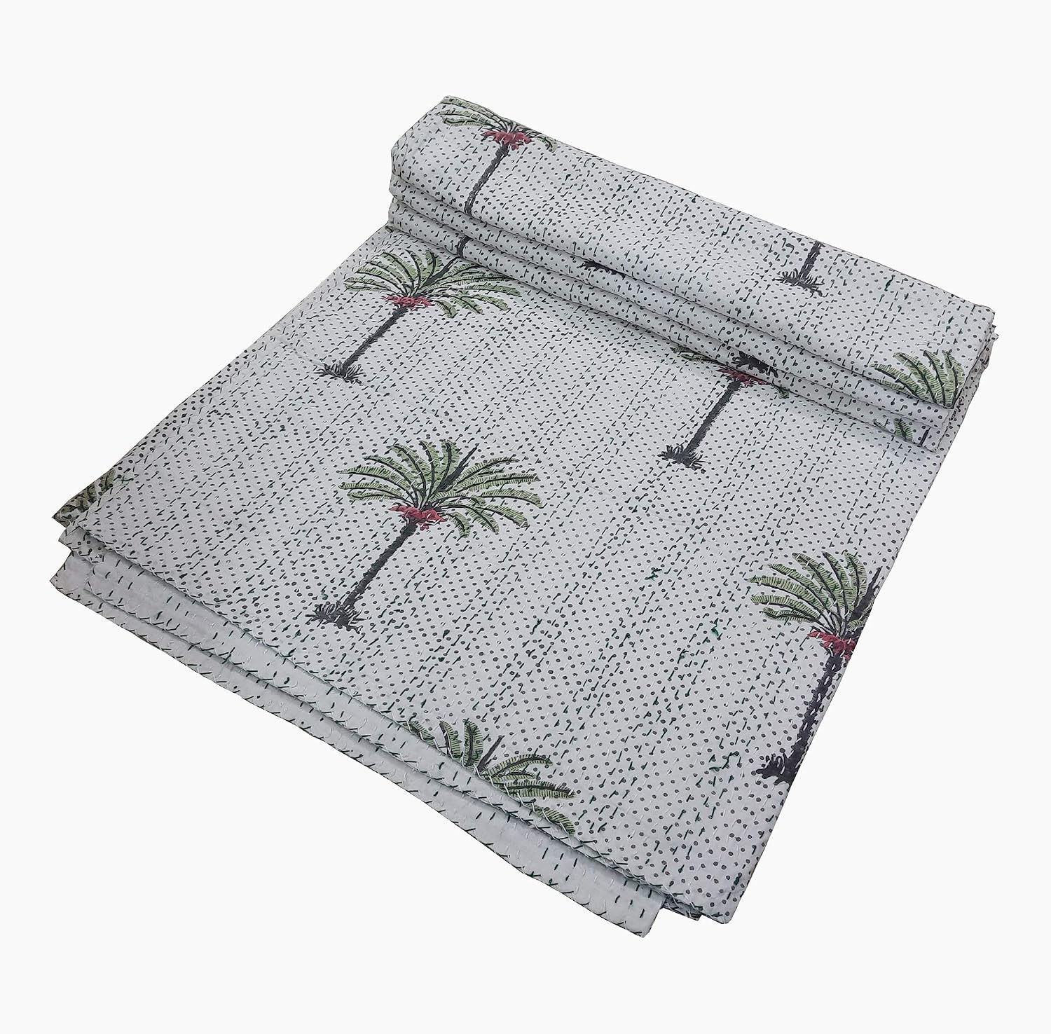 Hand Made Palm Tree Dot Cotton Indian Kantha Quilted Kantha Quilt Bed Spread Blanket Throw Indian Queen Size White Base Size 90” X 108”