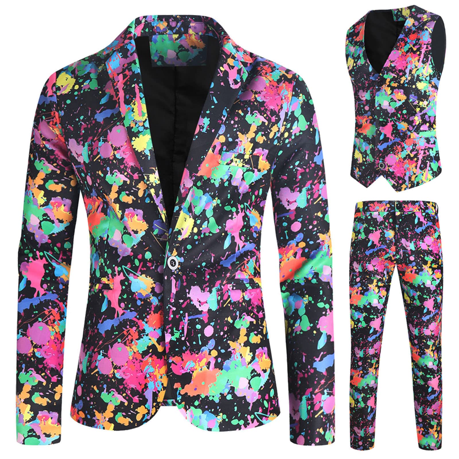 Herrenmode Lässig Bedruckter Slim Fit Gerade Bein Anzughose Bunt Bedruck Hosenanzug Temperament Schmale Langes Ärmeln Oberteil Mantel Weste Hosen Set DREI Stücken Herrenanzug (A, XXXXL)