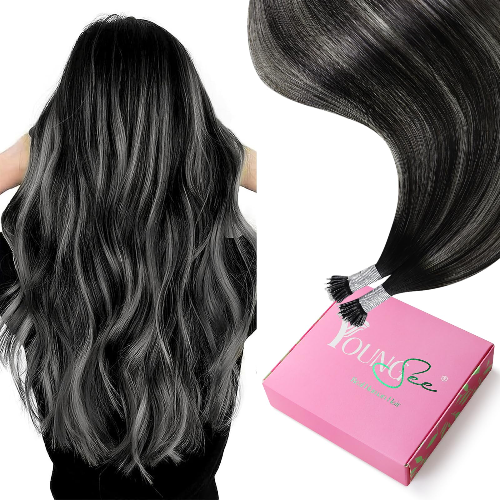 YoungSee Nano Bead Hair Extensions Ombre Black Nano Ring Hair Extensions Human Hair Balayage Nano-Link Hair Extension Ombre Black to Silver Hair