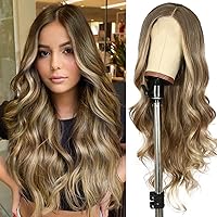 Vista 35 de SAPPHIREWIGS Peluca de encaje frontal marrón sintética, pelucas de encaje frontal sintéticas para mujeres, marrón natural con puntas rubio ceniza