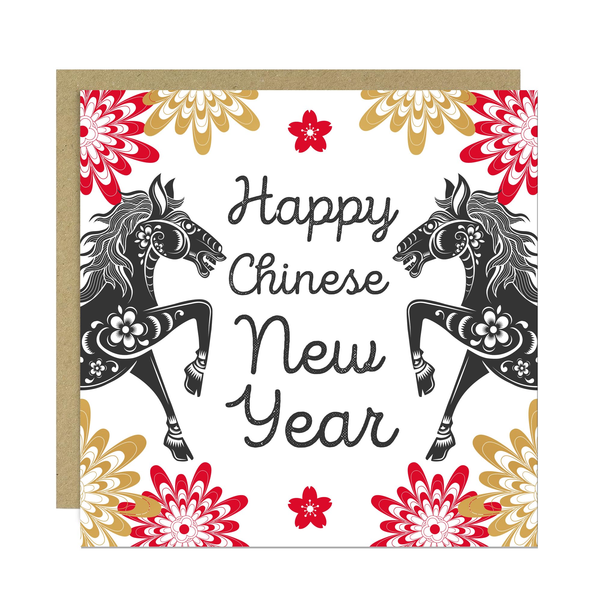 RED OCEAN Happy Chinese Luna New Year Card 2026 Year of The Horse Card 145x145mm With Kraft Envelope Luna New Cards For Friends Family