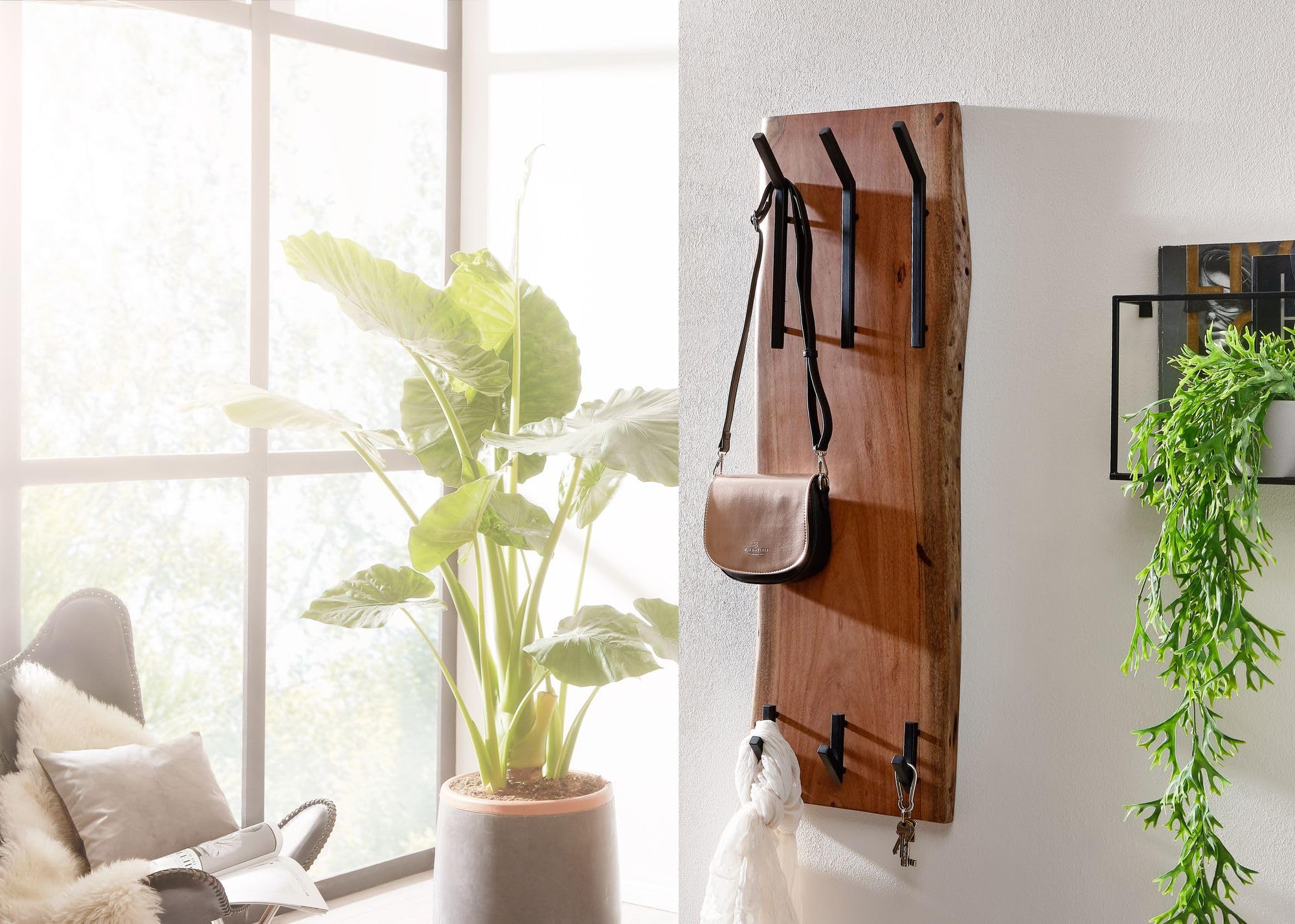 FineBuy Wandgarderobe 35,5x11x100 cm Akazie Massivholz mit Baumkante | Garderobenpaneel mit 6 massiven Kleiderhaken auf 2 Höhen, Garderobenleiste aus Echtholz, handgefertigt