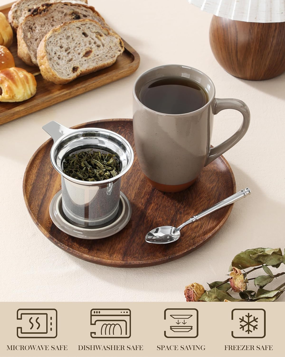 MALACASA Ceramic Tea Mug with Lid and Stainless Steel Infuser, 18 oz Large Tea Cup for Loose Leaf Tea, Heat-Resistant, Microwave & Dishwasher Safe, Speckled Glaze Coffee & Tea Brewer Mug, Khaki Brown - Image 4