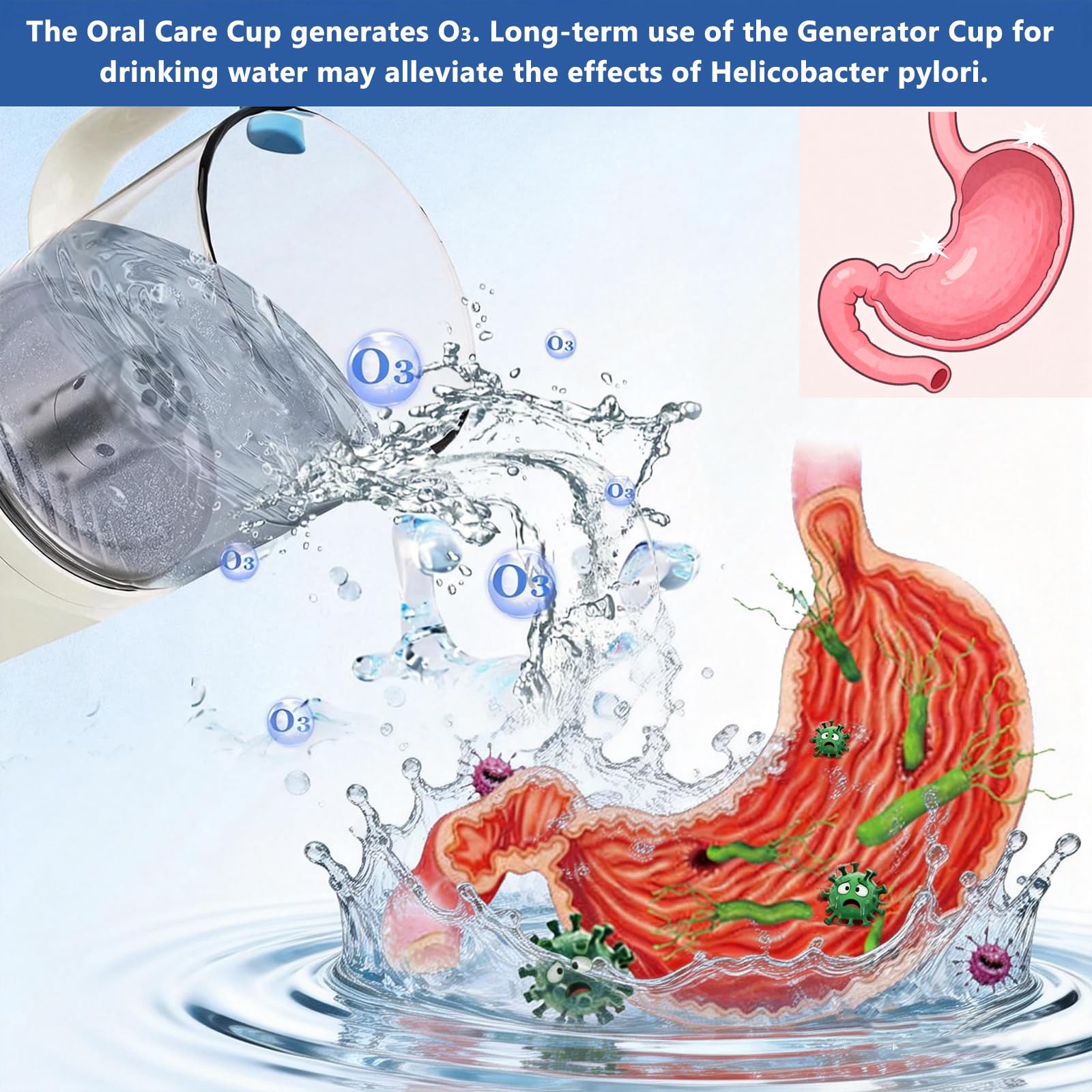 Vaso de agua portátil recargable con ozono - Generador de O3 para enjuague bucal, deportes al aire libre y viajes, vaso de vidrio rico en hidrógeno para proteger los dientes