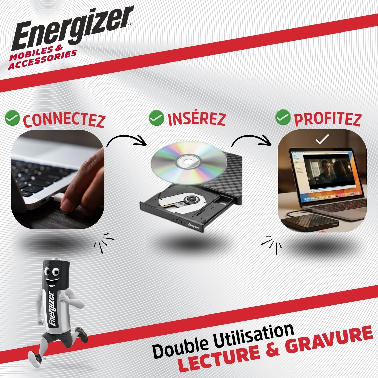 Energizer - Lecteur Graveur DVD Externe USB 3.0 & Type-C - Haute Vitesse 5Gbps - Plug & Play pour PC, MacBook & Windows - Compatible CD-RW, DVD±RW - Design Fin & Noir