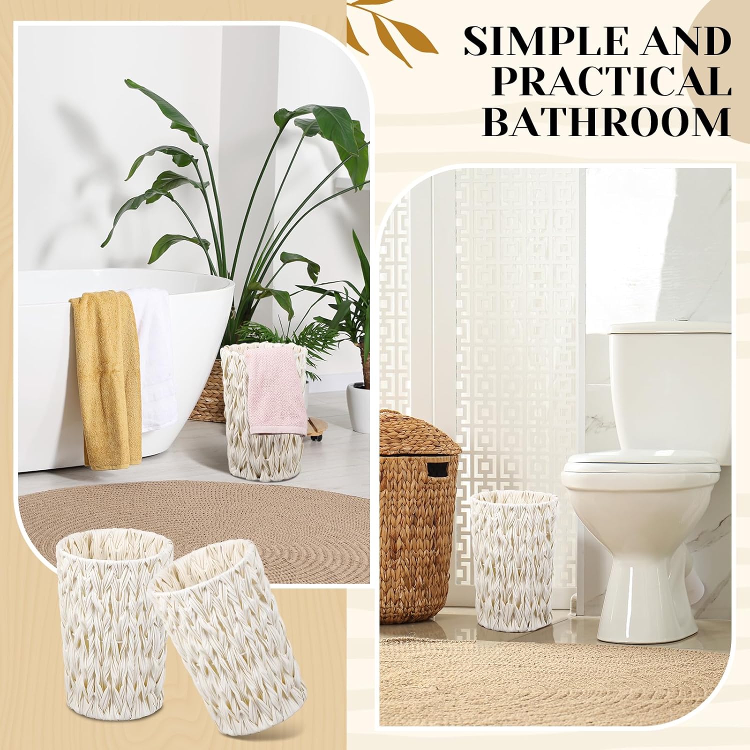 2 Pcs Wicker Trash Cans 2 Gallon Rattan Waste Baskets for Bathroom Wicker Waterproof Boho Trash Cans Compact Woven Round Decorative Waste Baskets for Bedroom Office Bathroom(White)