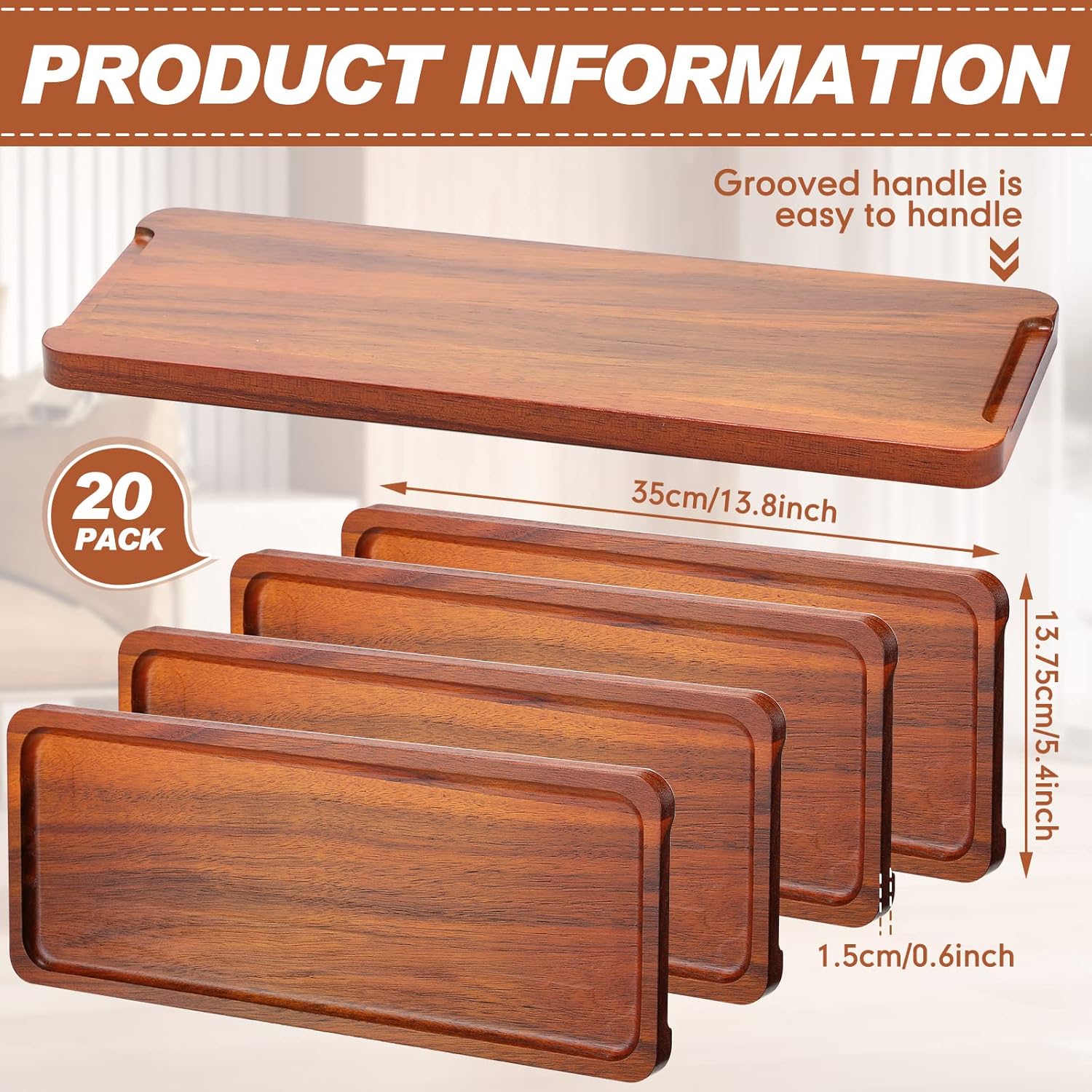 20 Pack Solid Wood Serving Trays Acacia Wooden Server Platter Rectangular Charcuterie Boards with Grooved Handle for Home Room Coffee Cheese Appetizer Table Farmhouse Serving Decor (13.8 x 5.4 Inch) - Image 2