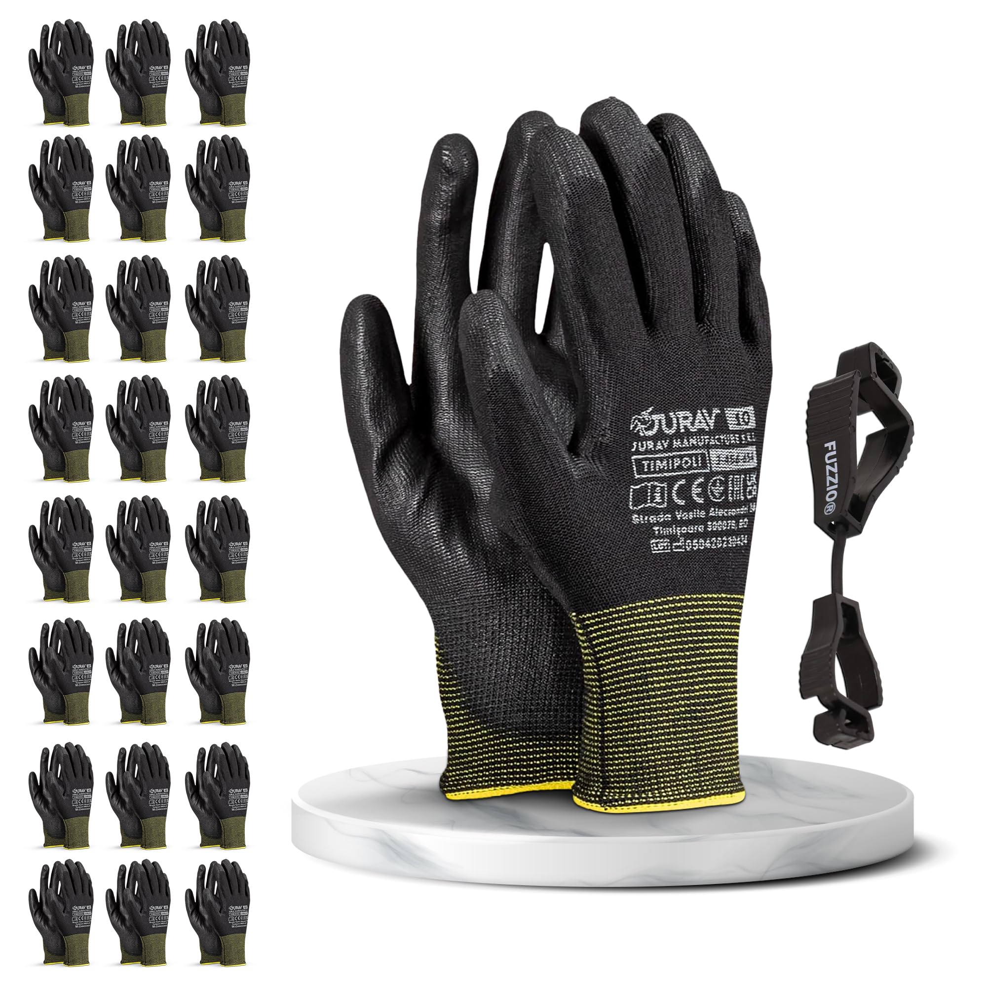 FUZZIO 24 Paar Arbeitshandschuhe Herren, Mechaniker Handschuhe, Gartenhandschuhe Herren, Arbeitshandschuhe Damen Gr 7, Montagehandschuhe, Polyurethan Beschichtung mit Handschuhclip