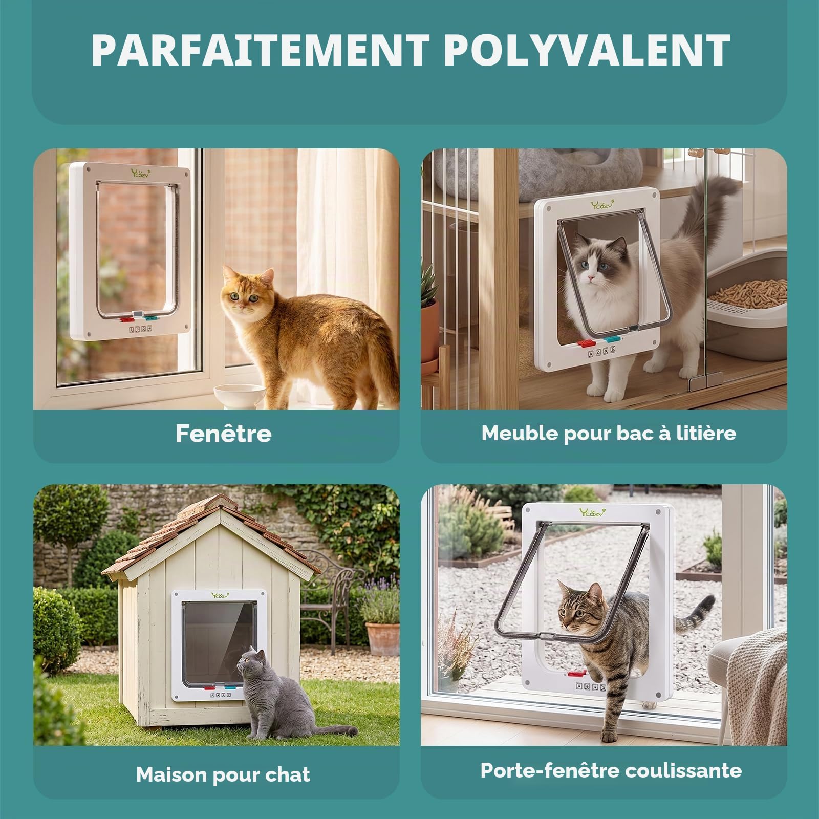 Ycozy XL Chatiere pour Chat Taille Extérieure 27.8 x 25cm Porte Intérieure de Verrouillage à 4 Voies pour Intérieur Porte Extérieure Fenêtre Murale, Rabat de Chat Résistant aux Intempéries Animal