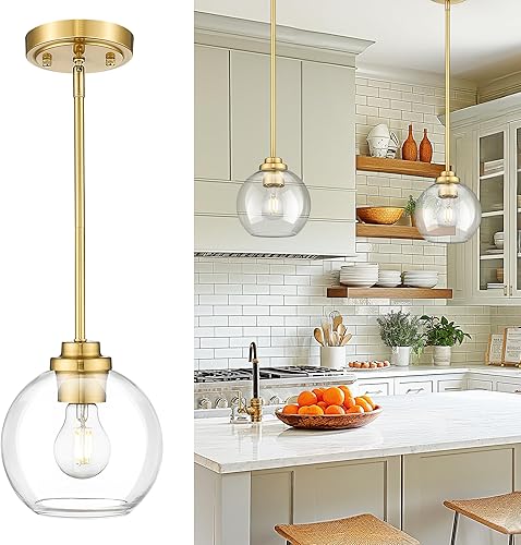 Miniatura 1 de PL101BG - Lámpara colgante moderna de oro pulido, 7 pulgadas, globo de mediados de Cenrury con vidrio transparente para cocina, isla, comedor,