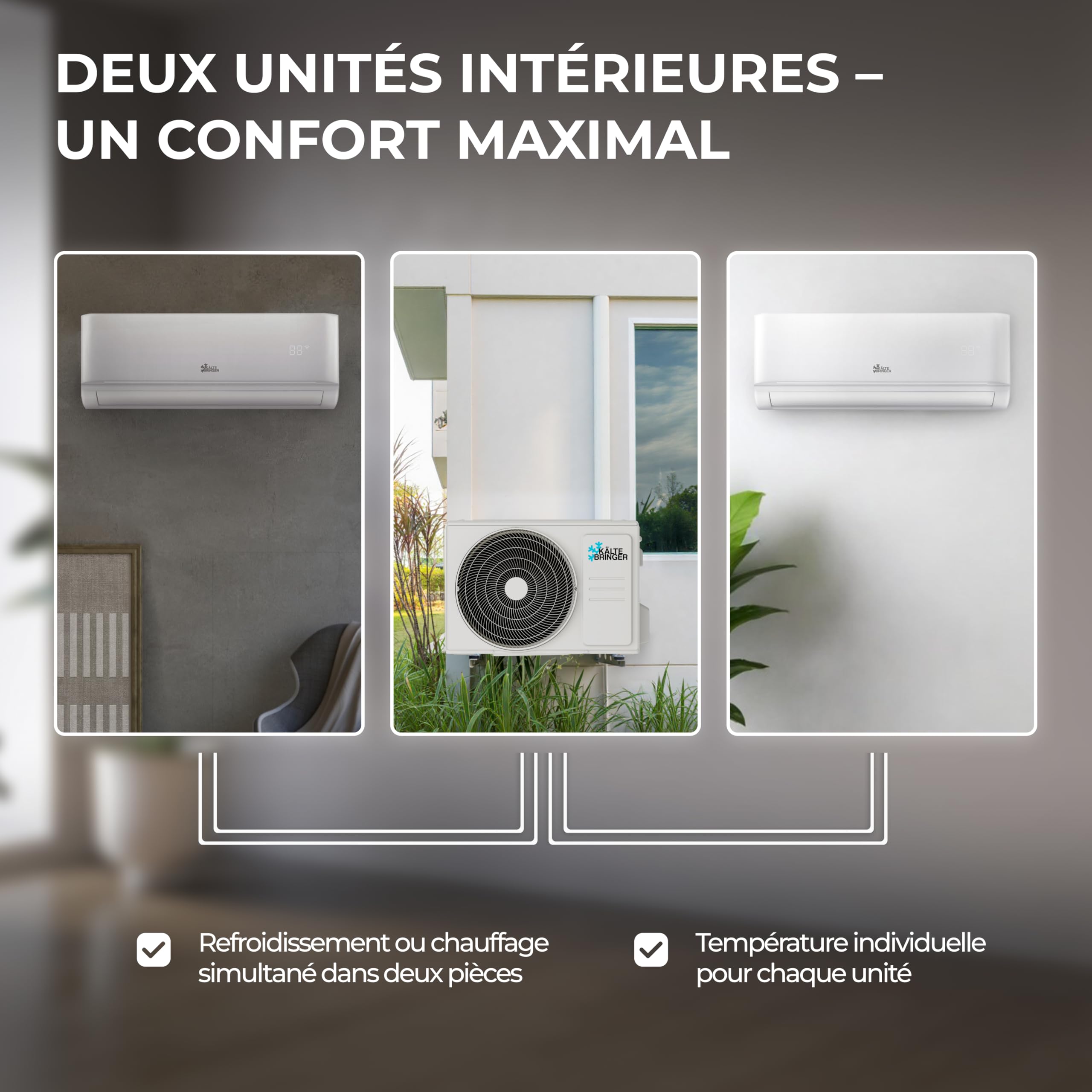 Kältebringer Multisplit Climatiseur 2 unités intérieures - 18000 BTU - 5,3 kW - Avec fonction chauffage, WiFi et App - très silencieux & économie d'énergie - Marque de qualité allemande